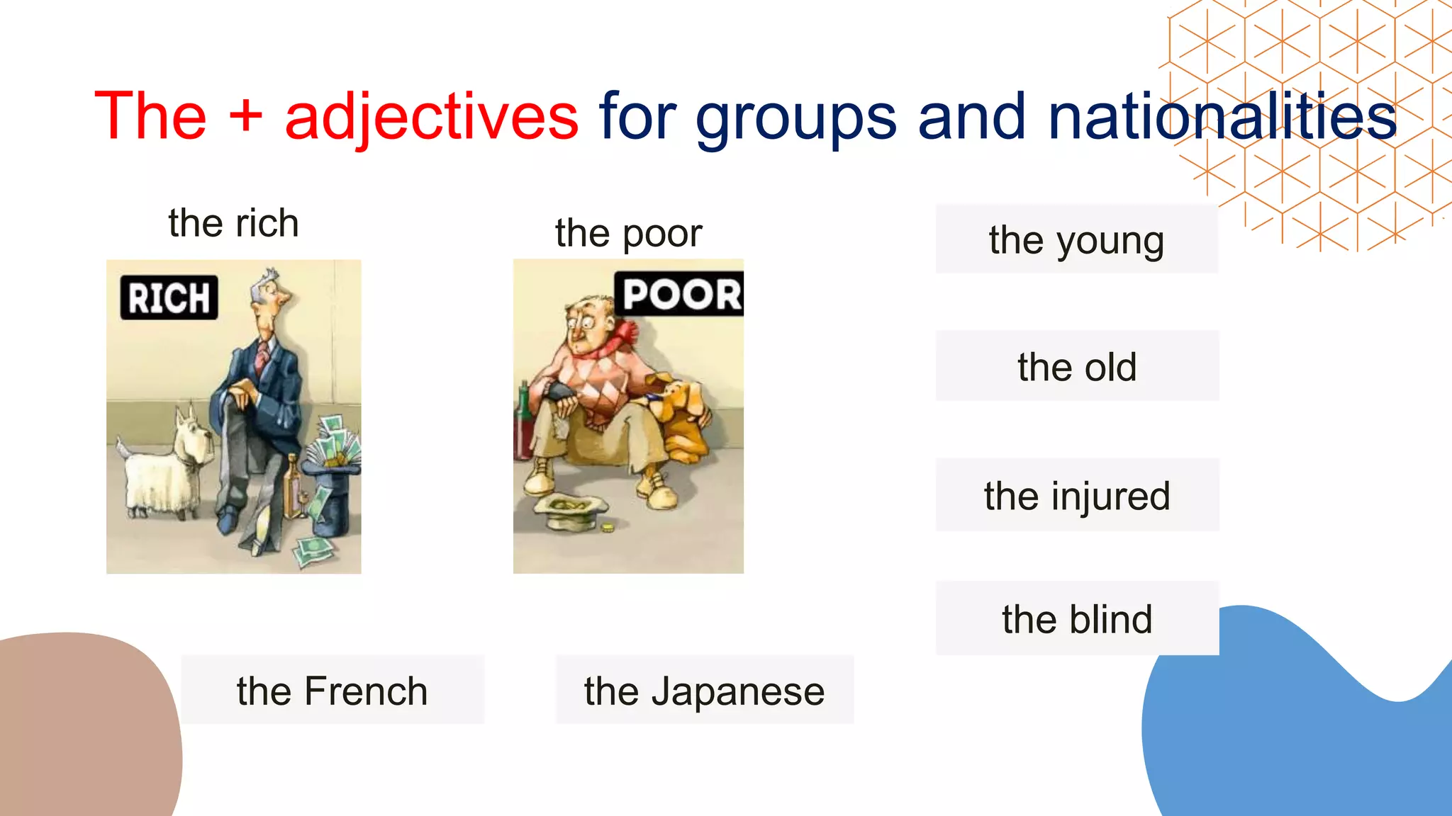 The + adjectives for groups and nationalities
the rich the poor the young
the old
the injured
the blind
the Japanese
the French
 