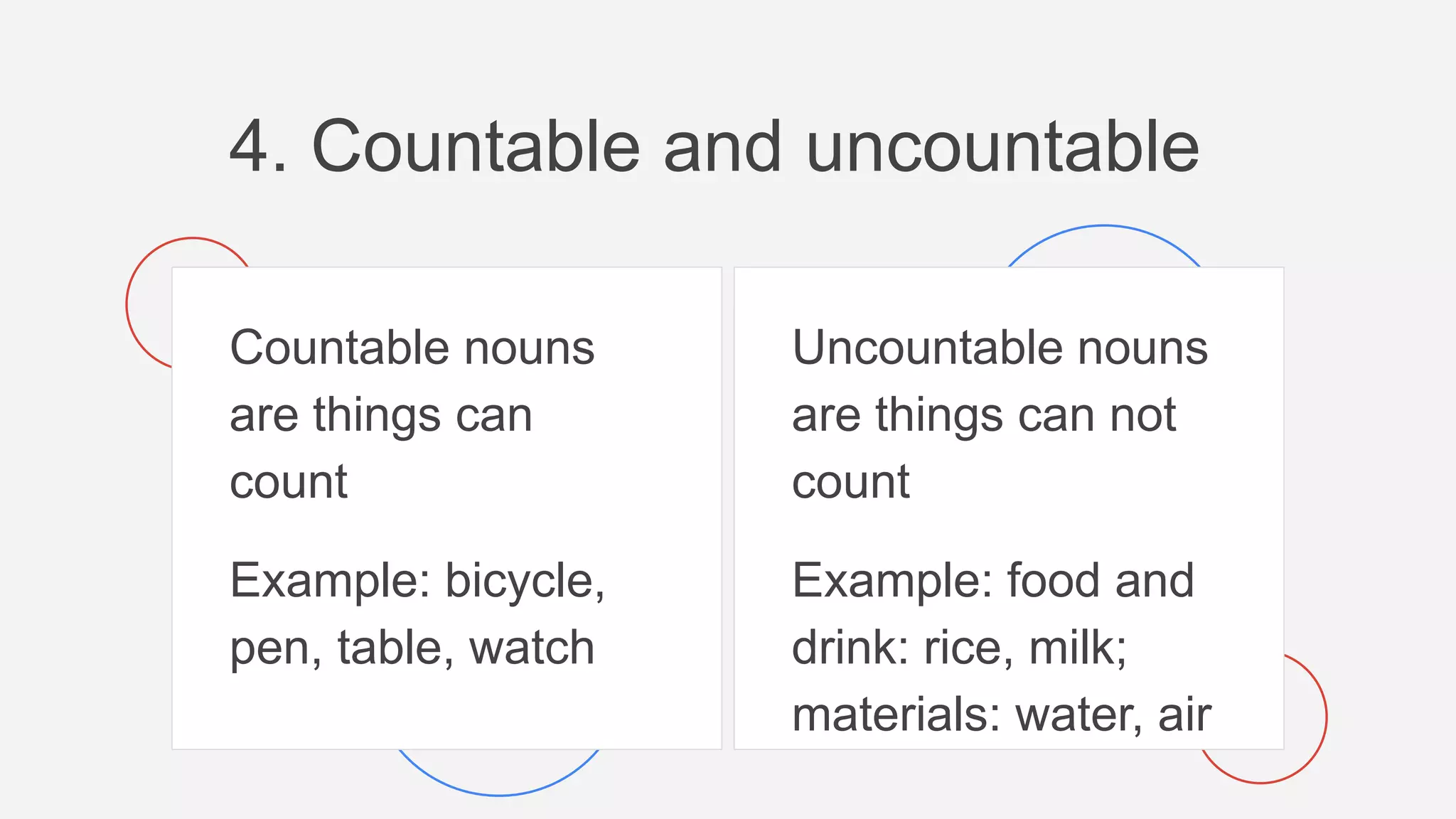 4. Countable and uncountable
Countable nouns
are things can
count
Example: bicycle,
pen, table, watch
Uncountable nouns
are things can not
count
Example: food and
drink: rice, milk;
materials: water, air
 