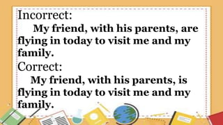 Incorrect:
My friend, with his parents, are
flying in today to visit me and my
family.
Correct:
My friend, with his parents, is
flying in today to visit me and my
family.
 