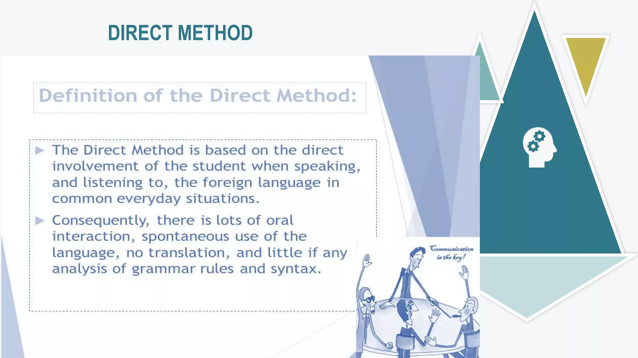 GRAMMAR-TRANSLATION METHOD
Major Characteristics
DIRECT METHOD
 