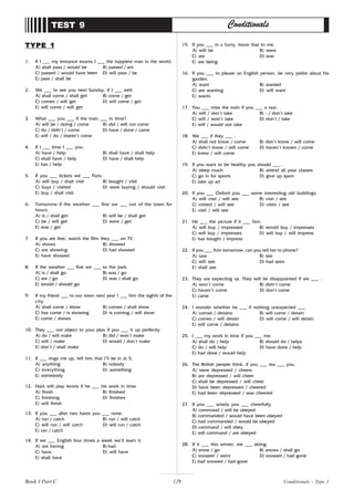 129
1. If I ___ my entrance exams I ___ the happiest man in the world.
A) shall pass / would be B) passed / am
C) passed / would have been D) will pass / be
E) pass / shall be
2. We ___ to see you next Sunday, if I ___ well.
A) shall come / shall get B) come / get
C) comes / will get D) will come / get
E) will come / will get
3. What ___ you ___ if the train ___ in time?
A) will be / doing / come B) did / will not come
C) do / didn’t / come D) have / done / came
E) will / do / doesn’t come
4. If I ___ time I ___ you.
A) have / help B) shall have / shall help
C) shall have / help D) have / shall help
E) has / help
5. If you ___ tickets we ___ Paris.
A) will buy / shall visit B) bought / visit
C) buys / visited D) were buying / should visit
E) buy / shall visit
6. Tomorrow if the weather ___ fine we ___ out of the town for
hours.
A) is / shall get B) will be / shall get
C) be / will get D) were / get
E) was / get
7. If you are free, watch the film they ___ on TV.
A) shows B) showed
C) are showing D) had showed
E) have showed
8. If the weather ___ fine we ___ to the park.
A) is / shall go B) was / go
C) are / go D) was / shall go
E) would / should go
9. If my friend ___ to our town next year I ___ him the sights of the
city.
A) shall come / show B) comes / shall show
C) has come / is showing D) is coming / will show
E) come / shows
10. They ___ not object to your plan if you ___ it up perfectly.
A) do / will make B) did / won’t make
C) will / make D) would / don’t make
E) don’t / shall make
11. If ___ rings me up, tell him that I’ll be in at 5.
A) anything B) nobody
C) everything D) something
E) somebody
12. Hark will play tennis if he ___ his work in time.
A) finish B) finished
C) finishing D) finishes
E) will finish
13. If you ___ after two hares you ___ none.
A) run / catch B) run / will catch
C) will run / will catch D) will run / catch
E) ran / catch
14. If we ___ English four times a week we’ll learn it.
A) are having B) had
C) have D) will have
E) shall have
TEST 9 Conditionals
15. If you ___ in a hurry, leave that to me.
A) will be B) were
C) are D) was
E) are being
16. If you ___ to please an English person, be very polite about his
garden.
A) want B) wanted
C) are wanting D) will want
E) wants
17. You ___ miss the train if you ___ a taxi.
A) will / don’t take B) - / don’t take
C) will / won’t take D) don’t / take
E) will / would not take
18. We ___ if they ___ .
A) shall not know / come B) don’t know / will come
C) didn’t know / will come D) haven’t known / come
E) knew / will come
19. If you want to be healthy you should ___ .
A) sleep much B) attend all your classes
C) go in for sports D) give up sport
E) take up art
20. If you ___ Oxford you ___ some interesting old buildings.
A) will visit / will see B) visit / see
C) visited / will see D) visits / see
E) visit / will see
21. He ___ the picture if it ___ him.
A) will buy / impressed B) would buy / impresses
C) will buy / impresses D) will buy / will impress
E) has bought / impress
22. If you ___ Ann tomorrow, can you tell her to phone?
A) saw B) see
C) will see D) had seen
E) shall see
23. They are expecting us. They will be disappointed if we ___ .
A) won’t come B) didn’t come
C) haven’t come D) don’t come
E) came
24. I wonder whether he ___ if nothing unexpected ___
A) comes / detains B) will come / detain
C) comes / will detain D) will come / will detain
E) will come / detains
25. I ___ my work in time if you ___ me.
A) shall do / help B) should do / helps
C) do / will help D) have done / help
E) had done / would help
26. The British people think, if you ___ tea ___ you.
A) were depressed / cheers
B) are depressed / will cheer
C) shall be depressed / will cheer
D) have been depressed / cheered
E) had been depressed / was cheered
27. If you ___ wisely you ___ cheerfully.
A) command / will be obeyed
B) commanded / would have been obeyed
C) had commanded / would be obeyed
D) command / will obey
E) will command / are obeyed
28. If it ___ this winter, we ___ skiing.
A) snow / go B) snows / shall go
C) snowed / went D) snowed / had gone
E) had snowed / had gone
TYPE 1
TYPE 1
TYPE 1
TYPE 1
TYPE 1
Conditionals - Type 1
Book 1 Part C
 