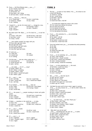 131
15. If you ___ the Prime Minister what ___ you ___ ?
A) are / would / have done
B) were / would / do
C) will be/will / do
D) have been / are / doing
E) will have been / would / be doing
16. If he ___ here he ___ help you.
A) is / would help B) were / would help
C) would be / helped D) was / helps
E) are / helping
17. I hoped if I ___ by the 10 o’clock train I ___ change for a bus.
A) went / shan’t B) should go / hadn’t
C) go / shan’t D) went / shouldn’t
E) go / shouldn’t
18. Mr. Bond said if Mr. Blake ___ at 10 o’clock he ___ to see him
later.
A) is busy / will come B) will be busy / will come
C) was busy / came D) was busy / would come
E) is busy / comes
19. ___ your mother wouldn’t be angry with you.
A) If you didn’t get bad marks.
B) If you got bad marks.
C) If you haven’t got bad marks.
D) If you get bad marks.
E) If you don’t get bad marks.
20. If I were you ___ .
A) I shall wait B) I wait
C) I would wait D) I waited
E) I’m waiting
21. If all the seas ___ one sea, what a great sea it ___ .
A) were/would be B) is/will be
C) would be/were will D) be/will be
E) were / will be
22. ___ you really ___ me if I ___ away?
A) would / follow / go
B) will / follow / am going
C) would / follow / went
D) will / follow / would have gone
E) will / follow / goes
23. If I ___ you I ___ him.
A) am / will help B) to be / would help
C) were / would help D) is / would have helped
E) are / will help
24. If my brothers ___ time now they ___ help me.
A) has / helps B) have had / have helped
C) have / help D) is having / helped
E) had / would help
25. If I ___ the power I ___ people smoking at school and public
places.
A) had / stop B) could have / would stop
C) had / stopped D) had / would stop
E) have / would stop
26. If Helen ___ anywhere in the world she ___ in India.
A) lived / live B) live / would live
C) could live / would live D) didn’t live / would live
E) lives / would live
27. If I ___ you I ___ harder.
A) am / will work B) will be / work
C) be / shall work D) were / would work
E) am / would have worked
28. If I ___ you I ___ it.
A) am / regretted B) am / regrets
C) were / wouldn’t regret D) is / didn’t regret
E) was / regret
1. The boy ___ at home an hour before, if he ___ his school at one
o’clock last Monday.
A) would be / had left
B) was / would leave
C) had been / had left
D) has been / left
E) would have been / had left
2. ___ he would have signed his name in the corner.
A) If he would have painted the picture
B) If he paints the picture
C) If he painted the picture
D) If he shall paint the picture
E) If he had painted the picture
3. If you ___ him yesterday he ___ you everything.
A) asked / told
B) has asked / will tell
C) asked / would tell
D) had asked / would have told
E) would ask / would have told
4. If you had worked more, you ___ to translate this article yesterday.
A) are able
B) was able
C) were able
D) would have been able
E) has been able
5. If you ___ to me yesterday, we ___ this article.
A) came / shall translate
B) would come / should translate
C) had come / should have translated
D) come / having translated
E) were coming / should be translating
6. If you ___ in time yesterday we ___ this work.
A) had come / would have done
B) came / would have done
C) come / shall go
D) will come / shall go
E) come / would go
7. She ___ if she ___ that she was ill.
A) won’t go out / knows
B) didn’t go out / knew
C) hasn’t gone out / has known
D) wouldn’t have gone out / had known
E) doesn’t go out / knows
8. -He failed his exam and he has to take it again in summer.
-If he ___ so many lessons he ___ it. But he didn’t follow the
teacher’s advice.
A) didn’t miss / would pass
B) hadn’t missed / would have passed
C) doesn’t miss / won’t pass
D) has missed / will pass
E) will miss / doesn’t pass
9. “I ___ my work if you___ me then. Thank you.”
A) shan’t finish / don’t help.
B) haven’t finished / don’t help.
C) shouldn’t have finished / hadn’t helped.
D) don’t finish / won’t help.
E) didn’t finish / helped.
10. - Why didn’t you do the task?
- If he ___ everything from the start we ___ it earlier.
A) hadn’t spoilt / would have done
B) didn’t spoil / would have done
C) doesn’t spoil / will do
D) wouldn’t spoil / did
E) spoils / shall have done
TYPE 3
TYPE 3
TYPE 3
TYPE 3
TYPE 3
Conditionals - Type 3
Book 1 Part C
 