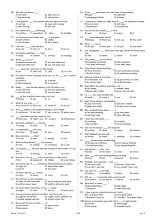 160
50. She told me where ____ .
A) she lived B) does she live
C) has she lived D) did she live
51. I was glad we ____ the candles when the lights went out.
A) has had B) have been having
C) were having D) had had
52. Jack asked me if ____ swimming.
A) do I like C) I was liked B) I liked D) did I like
53. He has written two books, and ____ is any good.
A) both of them B) neither
C) one of them D) all of which
54. I told him _____ close the door.
A) do not B) don’t to C) don’t D) not to
55. His teacher told them ____ hard.
A) study B) studied C) to study D) studying
56. When ____ to you?
A) does that letter sent B) was that book sent
C) did that letter sent D) can that book send
57. ____ waste any more time on this project.
A) Do B) Don’t we C) Let’s D) Let’s not
58. He doesn’t know anything about cars, so he ____ by a trained
mechanic.
A) repairs it B) it repairs
C) has it repaired D) is repaired
59. Rarely ____ such terrible poverty as in this African city.
A) she had seen B) she was being seen
C) had she seen D) was she seen
60. ____ all that rubbish thrown away, will you?
A) Please B) Let C) Do D) Have
61. What do you want ____ ?
A) to me to do B) me to do C) to me do D) me do
62. We ____ shelter until it stops snowing, or we’ll freeze.
A) had better B) had had C) had rather to D) would better
63. ____ that dress specially made for you?
A) Have you B) Hadn’t you C) Had you D) Did you have
64. She finally admitted ____ the key.
A) taking B) took C) to take D) takes
65. I’d appreciate ____ from you.
A) to hear B) heard C) hear D) hearing
66. Does she deny ____ that?
A) to say B) says C) saying D) said
67. We’re looking forward ____ the museum.
A) visit B) visiting C) to visiting D) to visit
68. It’s no good ____ the door after the money has been stolen. It’s too
late.
A) lock B) locking C) locks D) to lock
69. Why don’t you try ____ it with a hammer? It might work.
A) hit B) having hit C) hitting D) to be hitting
70. The police said he ____ arrested on several previous occasions.
A) might be B) would have been
C) will be D) had been
71. He never spends ____ money.
A) many B) some C) much D) a lot
72. We will work on the computer ____.
A) when he will come back B) by the time he came back
C) until he comes back D) until he will come back
73. He has an exam tomorrow, so he ____ study.
A) ought B) must C) had to D) must have
74. You say you have gone to his office, but I think you ____
A) ought to phone him B) ought to have phoned him
C) should has phoned him D) should phone him
75. She would tell you so if she ____ it.
A) had known B) would know
C) has known D) knew
76. If you ____ your book, you will have a long holiday.
A) finish B) will finish
C) are going to finish D) finished
77. I would have called him right away if I ____ his telephone number.
A) have known B) will know
C) had known D) would know
78. We will not eat outside ____ it rains.
A) until B) since C) unless D) if
79. ____ have coffee after lunch?
A) Did you B) Were you C) Are you D) You were
80. When ____ born?
A) did you B) were you C) are you D) you were
81. This photograph, ____ I took five years ago, shows the harbor quite
well.
A) who B) when C) which D) what
82. The patient ____ by the doctor.
A) has being examined B) has examined
C) has been examined D) has been exam
83. They haven’t drunk anything ____.
A) since five hours B) since yesterday morning
C) for five o’clock D) for yesterday morning
84. John has written a novel and ____ .
A) so his sister, has B) so got married his sister
C) so has his sister D) so did his sister
85. Rose didn’t do anything yesterday, and ____ .
A) nor James B) neither James
C) James didn’t either D) James hadn’t either
86. He ____ less work than his wife.
A) made B) made a C) was D) did
87. Most of my students would rather ____ .
A) play than study B) play than studies
C) plays than study D) to play than to study
88. Does anybody know where ____ ?
A) are they meeting B) do they meet
C) will they meet D) they will meet
89. I think the roof needs ____ .
A) mending B) to mend
C) be mended D) to be mending
90. She had the servant ____ the windows.
A) to clean B) clean C) cleans D) cleaned
91. Aunt Elizabeth got the roof ____ .
A) mends B) mend C) mended D) to mend
92. I ____ the test when the bell rang.
A) already have finished B) have already finished
C) had already finish D) had already finished
93. She dances ____ than I do.
A) badly B) too badly C) worst D) worse
94. Mary ____ the house early yesterday morning
A) lived B) left C) has left D) leaves
95. We had a test yesterday, I wish ____ .
A) we hadn’t one B) we didn’t have one
C) we hadn’t had one D) we wouldn’t have one
96. Has she ever ____ her leg?
A) broken B) breaking C) broke D) breaks
97. Will you ____ have lunch with us tomorrow?
A) be able to B) are able to C) able to D) be able
98. What kind of books ____ ?
A) does Mary likes B) Mary likes
C) Mary like D) does Mary like
99. I have to go to a dentist tomorrow. I wish ____.
A) I have gone there B) I had gone there
C) I wouldn’t have to D) I wouldn’t have gone there
100. My son is seventeen years old. He is ____ to get married.
A) too old B) old enough
C) too young D) enough young
Book 1 Part D Test 5
 