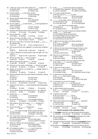 162
55. I asked you to get some white cheese! You ____ bought this!
A) shouldn’t have B) hadn’t to have
C) mustn’t have D) wouldn’t have
56. I always enjoyed ____ in that lake in summer.
A) to have swum B) been swimming
C) to swimming D) swimming
57. The boy told his teacher a lie to avoid ____.
A) be punished B) to be punished
C) being punished D) punishing
58. The two children ____ to look forward ____ to their grandparents
house at Christmas
A) use / to going B) used / to going
C) used to / to go D) use to / to go
59. Having worked hard for three months, he succeeded ____ his exam.
A) to pass B) in to pass C) in passing D) passing
60. They accused him ___ a thief.
A) for being B) as being C) of being D) to be
61. We are very busy at the office. I must ____ my holiday for a while.
A) put up B) put through C) put off D) put in
62. We have an extra room in our house. We will gladly ____ you ____
for a week or two.
A) put / up B) put / off C) put / through D) put / in
63. How do you find your new neighbors? I’ve heard they are difficult
to ____ .
A) get up B) get on with C) get down D) get over
64. I tried to telephone my family several times last night, but I just
couldn’t ____.
A) get up B) get on with C) get down D) get through
65. Who do you think will ____ when he resigns?
A) take over B) take in C) take up D) take off
66. With her blue eyes she seems to ____ her aunt.
A) take after B) take off C) take away D) take for
67. There was so much noise I could hardly ____ what he was saying.
A) make out B) make for C) make up D) make off
68. Despite the snowstorm, we decided to ____ Chicago instead of
sleeping in the car.
A) make out B) make for C) make up D) make off
69. After the operation one of the nurses stayed at his bedside, waiting
for him to ____ .
A) come up B) come around
C) come off D) come away
70. He’s full of wonderful plans, but they very seldom ____ .
A) come in B) come about C) come off D) come down
71. He got a low mark, but he ____ to have answered most of the questions
correctly.
A) contracts B) claims C) blames D) conceives
72. She was fifteen minutes late because she was __ by a traffic jam.
A) bent on B) fled C) troubled D) delayed
73. Teachers like ________ students.
A) conscious B) conscientious
C) consenting D) conscience
74. Her parents will never ________ such outrageous behavior.
A) put up B) endeavor C) concentrate D) tolerate
75. After trying for some time, he gave ________ working on it.
A) way B) up C) in D) on
76. Are you any good ________ making soup?
A) by B) for C) at D) from
77. ________ for his great courage, all lives would have been lost.
A) It had not been B) It wouldn’t have seen
C) Had it not been D) Wouldn’t it have been
78. Yes, I know you’re tired this morning, but ________ to the party,
you wouldn’t have come home late.
A) if you would have gone B) if you hadn’t gone
C) if you have gone D) if you wouldn’t have gone
79. Unless he’s offered more money elsewhere, ________ this job.
A) he won’t accept B) he would accept
C) he’ll accept D) he wouldn’t accept
80. If I’d realized this before, I ________ in such a mess now.
A) won’t have been B) wouldn’t be
C) wouldn’t have been D) won’t be
81. If only ________ it, none of this would’ve happened.
A) I wouldn’t have mentioned B) I hadn’t mentioned
C) I haven’t mentioned D) I would’ve mentioned
82. A: I’ve got a terrible headache.
B: Yes, you look as if ________ an aspirin.
A) you need B) you would need
C) you would’ve needed D) you’ve needed
83. ________ to the market, when it started to the rain.
A) I was just about to go B) I would just go
C) I’m just about to go D) I’ve just about gone
84. ________ but I didn’t have enough money.
A) I would buy it B) I will have bought it
C) I was going to buy it D) I’ll buy it
85. A: Why haven’t you told me about your problems before?
B: Well, ________ all this week.
A) I was trying to tell you all about them
B) I’ve been trying to tell you all about them
C) I’m trying to tell you all about them
D) I tried to tell you all about them
86. A: Did you see your boss at the airport yesterday!
B: Yes, ________ his family.
A) he’s been seeing off B) he was seeing off
C) he was seen off D) he would see off
87. A: What is the most serious disadvantage of living in a city?
B: The most serious one is ________ the city is too noisy.
A) hich is B) about which
C) because of the fact that D) that
88. How nice to be back home! ________ it so much!
A) We’ve missed B) We had missed
C) We were missing D) We are missing
89. A: I’ve been working a lot on my computer these days.
B: Oh, really? ________ you had a computer.
A) I haven’t known B) I hadn’t known
C) I didn’t know D) I don’t know
90. A: Have you written to them?
B: Yes, ________ twice last month.
A) I’d written to them B) I wrote to them
C) I’ve written to them D) I would have written to them
91. A: How long has he been away?
B: Oh, ________ three weeks on Friday.
A) he’ll be gone B) he’ll gone
C) he will have been D) he will have been gone
92. A: I do hope we can watch TV tonight.
B: Oh, yes. I’m sure ________ the serial by now.
A) they’ll put up B) they’ll have put up
C) they’d put up D) they’ll be put up
93. A: What excellent French you speak!
B: So ________ ! I lived in Paris for twenty years.
A) I must B) I should C) I am to D) I have to
94. A: What was that noise?
B: Oh, don’t worry; it ________ the cat.
A) should’ve been B) can be
C) must have been D) ought to be
95. What a lovely carpet you’ve bought! It ________ expensive!
A) should’ve been B) has been
C) must have been D) ought to be
96. He is getting fatter and fatter. He ________ eating too much.
A) must be B) can be C) may D) might
Find the synonyms of the underlined words.
97. It’s incredible to see him in such good health after the accident.
A) creditable B) increasing C) unthinkable D) unbelievable
98. She was angry because he disregarded her feelings in this matter.
A) did not ignore B) discharged
C) paid no attention to D) considered
99. During the ten years he worked in Germany he accumulated a fortune.
A) made B) expanded C) concentrated D) increased
100. He did his work reluctantly because he did not like the director.
A) slowly B) unwillingly C) inefficiently D) unhesitatingly
Book 1 Part D Test 6
 