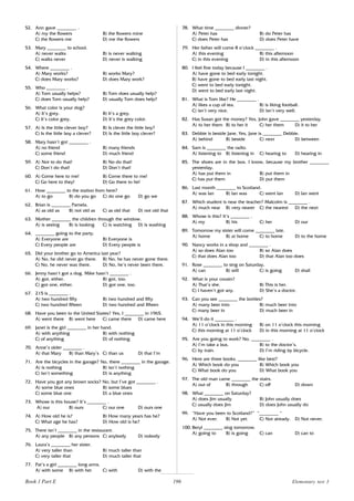 196
52. Ann gave ________ .
A) my the flowers B) the flowers mine
C) the flowers me D) me the flowers
53. Mary ________ to school.
A) never walks B) is never walking
C) walks never D) never is walking
54. Where ________ .
A) Mary works? B) works Mary?
C) does Mary works? D) does Mary work?
55. Who ________ .
A) Tom usually helps? B) Tom does usually help?
C) does Tom usually help? D) usually Tom does help?
56. What color is your dog?
A) It’s grey. B) It’s a grey.
C) It’s color grey. D) It’s the grey color.
57. A) Is the little clever boy? B) Is clever the little boy?
C) Is the little boy a clever? D) Is the little boy clever?
58. Mary hasn’t got ________ .
A) no friend B) many friends
C) some friend D) much friend
59. A) Not to do that! B) No do that!
C) Don’t do that! D) Don’t that!
60. A) Come here to me! B) Come there to me!
C) Go here to they! D) Go there to he!
61. How ________ to the station from here?
A) to go B) do you go C) do one go D) go we
62. Brian is ________ Pamela.
A) as old as B) not old as C) as old that D) not old that
63. Mother ________ the children through the window.
A) is seeing B) is looking C) is watching D) is washing
64. ________ going to the party.
A) Everyone are B) Everyone is
C) Every people are D) Every people is
65. Did your brother go to America last year?
A) No, he did never go there. B) No, he has never gone there.
C) No, he never was there. D) No, he’s never been there.
66. Jenny hasn’t got a dog. Mike hasn’t ________ .
A) got, either. B) got, too.
C) got one, either. D) got one, too.
67. 215 is ________ .
A) two hundred fifty B) two hundred and fifty
C) two hundred fifteen D) two hundred and fifteen
68. Have you been to the United States? Yes, I ________ in 1965.
A) went there B) went here C) came there D) came here
69. Janet is the girl ________ in her hand.
A) with anything B) with nothing
C) of anything D) of nothing
70. Anne’s older ________ .
A) that Mary B) than Mary’s C) than us D) that I’m
71. Are the bicycles in the garage? No, there ________ in the garage.
A) is nothing B) isn’t nothing
C) isn’t something D) is anything
72. Have you got any brown socks? No, but I’ve got ________ .
A) some blue ones B) some blues
C) some blue one D) a blue ones
73. Whose is this house? It’s ________ .
A) our B) ours C) our one D) ours one
74. A) How old he is? B) How many years has he?
C) What age he has? D) How old is he?
75. There isn’t ________ in the restaurant.
A) any people B) any persons C) anybody D) nobody
76. Laura’s ________ her sister.
A) very taller than B) much taller than
C) very taller that D) much taller that
77. Pat’s a girl ________ long arms.
A) with some B) with her C) with D) with the
78. What time ________ dinner?
A) Peter has B) do Peter has
C) does Peter has D) does Peter have
79. Her father will come 8 o’clock ________ .
A) this evening B) this afternoon
C) in this evening D) in this afternoon
80. I feel fine today because I ________ .
A) have gone to bed early tonight.
B) have gone to bed early last night.
C) went to bed early tonight.
D) went to bed early last night.
81. What is Tom like? He ________ .
A) likes a cup of tea. B) is liking football.
C) isn’t very nice. D) isn’t very well.
82. Has Susan got the money? Yes, John gave ________ yesterday.
A) to her them B) to her it C) her them D) it to her
83. Debbie is beside Jane. Yes, Jane is ________ Debbie.
A) behind B) beside C) next D) between
84. Sam is ________ the radio.
A) listening to B) listening in C) hearing to D) hearing in
85. The shoes are in the box. I know, because my brother ________
yesterday.
A) has put them in B) put them in
C) has put them D) put them
86. Last month ________ to Scotland.
A) was Ian B) Ian was C) went Ian D) Ian went
87. Which student is near the teacher? Malcolm is ________ .
A) much near B) very nearer C) the nearest D) the next
88. Whose is this? It’s ________ .
A) my B) his C) her D) our
89. Tomorrow my sister will come ________ late.
A) home B) at home C) to home D) to the home
90. Nancy works in a shop and ________ .
A) so does Alan too B) so Alan does
C) that does Alan too D) that Alan too does
91. Rose ________ to sing on Saturday,
A) can B) will C) is going D) shall
92. What is your cousin?
A) That’s she. B) This is her.
C) I haven’t got any. D) She’s a doctor.
93. Can you see ________ the bottles?
A) many beer into B) much beer into
C) many beer in D) much beer in
94. We’ll do it ________ .
A) 11 o’clock in this morning B) on 11 o’clock this morning
C) this morning at 11 o’clock D) in this morning at 11 o’clock
95. Are you going to work? No, ________ .
A) I’m take a bus. B) to the doctor’s.
C) by train. D) I’m riding by bicycle.
96. Here are three books. ________ like best?
A) Which book do you B) Which book you
C) What book do you D) What book you
97. The old man came ________ the stairs.
A) out of B) through C) off D) down
98. What ________ on Saturday?
A) does Jim usually B) John usually does
C) usually does Jim D) does John usually do
99. “Have you been to Scotland?” “________ “
A) Not ever. B) Not yet. C) Not already. D) Not never.
100. Beryl ________ sing tomorrow.
A) going to B) is going C) can D) can to
Book 1 Part E Elementary test 3
 