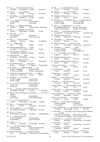 60
59. He ______ his father yesterday morning.
A) phones B) is phoning C) phone D) phoned
60. I won’t ______ to class tomorrow.
A) come B) came C) comes D) coming
61. She is going ______ shopping tomorrow.
A) go B) will go C) to go D) goes
62. I ______ home when it started to rain.
A) was walking B) have walked
C) walk D) will walk
63. He has ______ English for three years.
A) learns B) learn C) been learning D) learning
64. They ______ working here for six months.
A) been B) have been C) would D) will
65. How long ______ her ?
A) do you know B) you know
C) you knew D) have you known
66. Who ______ first this morning ?
A) get up B) gets up C) got up D) getting up
67. ______ Peggy happy ?
A) Is B) Do C) Does D) Can
68. John was singing while he ______ a bath.
A) is taking B) was taking C) takes D) take
69. When Peter talks, everybody ______.
A) are listening B) listened C) listen D) listens
70. Policemen often ______ traffic.
A) directing B) is directing C) directs D) direct
71. Buses ______ every ten minutes.
A) runs B) is going C) run D) has gone
72. Good children always ______ their parents.
A) obey B) obeys C) obeying D) has obeyed
73. He usually ______ coffee but today he ______ tea.
A) drank / is drinking B) drunk / drinks
C) drinks / is drinking D) drinks / was drinking
74. I always buy lottery tickets but I never ______ anything.
A) don’t win B) had won C) won D) win
75. The police ______ the thief yet.
A) haven’t caught B) didn’t catch
C) hasn’t caught D) don’t catch
76. I ______ him for five years. I don’t know where he is.
A) didn’t see B) haven’t seen
C) don’t see D) not to see
77. He ______ his leg in a skiing accident last winter.
A) has broken B) broke C) breaks D) was broken
78. Have you seen my ball-point pen anywhere? I _____ for it for ten
minutes.
A) looked B) was looking
C) am looking D) have been looking
79. I ______ to the dentist tomorrow.
A) went B) have gone C) am going D) going
80. She ______ an operation next Tuesday.
A) had B) have C) is having D) has had
81. The Prime Minister ______ on TV tonight.
A) is speaking B) spoken C) had spoken D) speak
82. He is ______ the car.
A) has washed B) will wash C) washed D) going to wash
83. I ______ this day all my life.
A) am remembering B) will remember
C) remembered D) have remember
84. I hope I ______ it.
A) found B) will find C) am finding D) finding
85. ______ me with my suitcase, please ?
A) Did you help B) Are you going to help
C) Are you helping D) Will you help
86. This time tomorrow I ______ on a beach in Antalya.
A) lie B) am lying C) will be lying D) have been lain
87. We ______ play basketball without a ball.
A) can’t B) needn’t C) could D) doesn’t
88. Does he ______ go to school at eight ?
A) must B) should C) has to D) have to
89. Tom gets up early, but Sarah ______.
A) didn’t B) isn’t C) does D) doesn’t
90. My father ______ an apple now. He ______ an apple every day.
A) eating / eats B) eats / is eating
C) ate / is eating D) is eating / eats
91. John ______ the guitar, but he ______ it now.
A) is playing / doesn’t play B) plays / doesn’t play
C) plays / wasn’t playing D) plays / isn’t playing
92. Teresa ______ to the theatre, but Jack doesn’t.
A) want to go B) wants to go C) can go D) wanted to go
93. Mike likes to play tennis. So ______.
A) is Fred B) does Fred C) Fred does D) can Fred
94. Two wrongs ______ make a right.
A) doesn’t B) haven’t C) isn’t D) don’t
95. Please go away, I ______ to finish my I work.
A) try B) am trying C) was trying D) have tried
96. He always ______ while he ______ a bath.
A) sang / is having B) sing / has
C) sings / is having D) is singing / has
97. I ______ like the film on TV last night.
A) didn’t B) don’t C) am not D) haven’t
98. He likes cowboy films, but I ______.
A) don’t B) didn’t C) am not D) haven’t
99. She likes science fiction films, and so ______.
A) am I B) do I C) I do D) I have
100. How many brothers ______ you got ?
A) do B) has C) have D) did
101. I don’t think he ______ pass.
A) won’t B) doesn’t C) would D) will
102. Does she ______ some ice ?
A) wanted B) want C) wants D) to want
103. Who ______ play tennis with me ?
A) wants B) want to C) wants to D) to want
104. I don’t ______ study, but I have to.
A) want to B) want C) to want D) wanted
105. The weather ______ sunny yesterday morning.
A) is B) was C) are D) did
106. We usually ______ table tennis every Saturday.
A) to play B) plays C) will play D) play
107. Drive carefully. It ______ heavily this morning.
A) snows B) snowing C) snow D) is snowing
108. You are hungry. Why ______ you eating ?
A) aren’t B) don’t C) won’t D) didn’t
109. Sally ______ her hair when the doorbell rang.
A) will be washing B) washed
C) has washed D) was washing
110. The planet Mercury ______ round the sun every eighty-eight days.
A) traveled B) is traveling C) travel D) travels
111. The traffic ______ very slowly on the motorway today. Workmen
______ the road.
A) moves / were repairing B) is moving / repaired
C) are moving / are repairing D) was moving / are repairing
112. James Dean ______ a sports car when he died.
A) drove B) will drive C) was driving D) is driving
113. The plane ______ at 11.45.
A) leaves B) leave C) are leaving D) to leave
114. Does she ______ to Mozart ?
A) listening B) listens C) listen D) listened
115. Excuse me. Do you know where I can ______ a color film ?
A) buy B) buying C) to buy D) bought
Book 1 Part B Tenses - Passives (Elementary / Pre-Intermediate)
 
