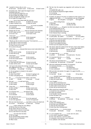 74
40. I wanted to know why no one _______.
A) had come B) hadn’t come C) has come D) hasn’t come
41. Everybody said, “We’re glad the danger is over.”
Everybody said that _______.
A) he was glad the danger was over
B) they are glad the danger is over
C) they were glad the danger was over
D) he is glad the danger is over
42. _______ was to have dinner after the meeting.
A) What we are to do B) Which we needed
C) What I wanted to do D) Why he comes
43. I recommended that the patient _______ on as soon as possible.
A) is operated B) operated
C) would be operated D) be operated
44. George told me that _______ with his roommate next semester.
A) he’d rather not live B) he wouldn’t have lived
C) he won’t live D) he hadn’t lived
45. “I’ll hit you!” _______ to hit me.
A) He suggested B) He threatened
C) He promised D) He offered
46. “Would you like to come to my party?” He invited her _______.
A) she’d like to come to his party
B) she’d like to come to my party
C) if she’d come to his party
D) to come to his party
47. I didn’t hear _______ because there was so much noise where I was
sitting.
A) what was he saying B) what he has said
C) what did he say D) what he said
48. I had hoped _______ my letter.
A) that she answer B) she answers
C) that she would answer D) she will answer
49. I have no idea _______.
A) what does this word mean B) why he has left
C) when will he arrive D) how was he killed
50. “Let’s go to the cinema this evening,” she said.
She suggested that they _______ to the cinema that evening.
A) should go B) would go C) will go D) had gone
51. A: Are you going to complain to the police?
B: Yes, that is _______.
A) what I have done B) what I’m going to do
C) what I was going to do D) what I would do
52. He _______ to me that he had written a new book.
A) told B) tells C) has said D) said
53. She said _______ to walk back home.
A) she’d rather B) she’d prefer
C) she’d better D) she has got
54. I knew that _______ would be difficult.
A) their coming B) they would come
C) they came D) they were coming
55. It is important that _______ the bilateral talks.
A) he attend B) he attends
C) he attended D) he’ll attend
56. We urge that the plans _______.
A) not approved B) not be approved
C) not to be approved D) won’t be approved
57. We now insist that all cars _____ seat belts to reduce the death toll.
A) to have B) will have C) have had D) have
58. _______ makes visiting him very difficult.
A) The fact that he is very busy
B) The reason why he is very busy
C) What I know is that he is very busy
D) It is a fact that he is very busy
59. _______ was clear from his letter.
A) He was angry
B) He resented being treated rudely
C) That he was not interested
D) What I knew
60. The fact that the experts say stagnation will continue for some
time _______.
A) industry will suffer a lot
B) we should be prepared for higher inflation
C) is annoying
D) we cannot avoid it
61. If grades are going to be given to students for their reports, it is
suggested that these _______ for expression and use of language.
A) given B) to be given C) are given D) be given
62. _______ best is riding horses.
A) She likes B) That she likes
C) What she liked D) What she likes
63. We had hoped _______ the game, but other team played very well.
A) the National Team to win
B) that the National Team win
C) that the National Team would win
D) the National Team’s winning
64. It is important that he _______ his reservations by Saturday.
A) will confirm B) confirm C) confirms D) must confirm
65. He asked me if I had ever played the piano. He asked me, “____?”
A) Do you ever play the piano
B) Did you ever play the piano
C) Have I ever played the piano
D) Have you ever played the piano
66. The doctor asked the patient if she had had a heart attack before.
The doctor asked the patient,” _______ a heart attack before ?”
A) Has she had B) Have you had
C) Did she have D) Did you have
67. It is urgent that he _______ on time.
A) arrived B) will arrive C) would arrive D) arrive
68. It is important that you _______ honest.
A) will be B) be C) were D) to be
69. The doctor recommended that I _______ weight.
A) should lose B) would lose C) must lose D) will lose
70. Julia must understand the question. It is necessary.
It is necessary that Julia _______ the question.
A) understood B) understands
C) must understand D) should understand
71. Bill must talk to the teacher. It is urgent. It is urgent that Bill _______
to the teacher.
A) must talk B) talk C) talks D) has talked
72. _______ because he got bored so easily.
A) Why he left early B) Why he was embarrassed
C) Why did he get angry D) Why he acted as he did was
73. I can’t imagine _______.
A) why did he recommend him
B) who recommended him for training
C) when will he recommend me
D) how will he recommend him
74. What would have suited him better _______.
A) would be to be a politician
B) to give up smoking
C) he shouldn’t have married her
D) than his father’s job
75. I suggested that she _______ a doctor.
A) will see B) would see C) must see D) see
76. I don’t know _______.
A) they were thinking about
B) that they were thinking about
C) what do they think about
D) what they were thinking about
77. I insisted that he _______ me the money.
A) was paid B) be paid C) pay D) will pay
78. It is not probable that _______ in the next ten years.
A) the world’s population stopped
B) man must discover a cure for cancer
C) computers must become more important
D) air pollution will decrease
Book 1 Part B Clauses (Intermediate / Upper-Intermediate)
 
