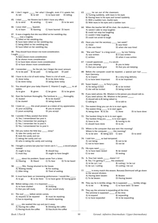 98
44. I don’t regret _____ her what I thought, even if it upsets her.
A) tell B) to tell C) to have told D) telling
45. I tried _____ her flowers but it didn’t have any effect.
A) to send B) sending C) sent D) to be sent
46. I once tried _____ Spanish.
A) to learn B) learning C) have learned D) learnt
47. It was a tragedy that she was killed on her wedding-day.
To _____ was a tragedy.
A) killed on her wedding-day
B) have been killed on her wedding-day
C) being killed on her wedding-day
D) have killed on her wedding day
48. They should have shown me more consideration.
I ought _____.
A) been shown more consideration
B) be shown more consideration
C) to have been shown more consideration
D) to have shown more consideration
49. I remember _____ for the job, but t forgot the exact amount.
A) to be paid B) be paid C) being paid D) paid
50. I have to do a lot of work today. There is a lot of work _____.
A) done today B) to be done today
C) be done today D) being done today
51. You should give your baby Vitamin C. Vitamin C ought_____ to all
babies.
A) to give B) given C) be given D) to be given
52. Dust the furniture thoroughly. The furniture is _____ thoroughly.
A) dusted B) to be dusted
C) be dusted D) being dusted
53. I insist on _____ this small present as a token of my appreciation.
A) your accepting B) you to accept
C) yours accepting D) you accept
54. I wonder if Mary posted that letter.
A) Yes, I remembered her post it.
B) Yes, I remember her posting it.
C) Yes, I remember her to post it.
D) Yes, I remembered her to post it.
55. Did you notice the little boy _____ away?
A) take the candy and run
B) took the candy and ran
C) taking the candy and run
D) who is taking the candy and running
56. I bought a camera last year but I never use it. I _____ a record player
instead.
A) ought to buy B) should buy
C) must buy D) ought to have bought
57. _____ about his problem, Susan wrote Tom a letter.
A) Hearing B) Heard C) To hear D) To be heard
58. _____, Mrs. Young returned to the house.
A) Waiting tiredly B) For waiting
C) After tiring D) Tired of waiting
59. It must have been an interesting performance. I would like _____.
A) to go B) to be there C) to have gone D) having gone
60. Before taking a test, it is important _____.
A) to have studied B) studying
C) that you will study D) you would study
61. The roof _____ before winter comes.
A) requires to be repaired B) must be repairing
C) has to repairing D) needs repairing
62. _____ she washed the cup and put it away.
A) Having the coffee B) Drinking the coffee
C) Having drunk the coffee D) Has drunk the coffee
63. _____ he ran out of the classroom.
A) Turning suddenly, with tears in his eyes
B) Having tears in his eyes and turned suddenly
C) With a sudden turn, tearful eyes
D) With tears in his eyes and a sudden turn
64. When the teacher fell off his chair, the students _____.
A) weren’t able to stop laughter
B) could not stop but laughing
C) couldn’t help laughing
D) could not avoid to laugh
65. Have you met the secretary _____ last week?
A) hired B) was hired
C) she was hired D) when she was hired
66. “War and Peace” is a long novel _____ by Leo Tolstoy.
A) was written B) it was written
C) written D) when it was written
67. I would appreciate _____ it a secret.
A) your keeping B) you to keep
C) that you would give D) that you are keeping
68. Before the computer could be repaired, a special part had _____
from Germany.
A) to import B) a very long delivery
C) to have been important D) to be imported
69. Susan hoped _____ to Terry’s party.
A) for being invited B) to be invited
C) she will be invited D) being invited
70. If you need advice, Mr. Wisdom is the person you should talk to.
If you need advice, Mr. Wisdom is the person _____.
A) should talk to B) being talked to
C) talking to D) to talk to
71. The easiest thing you can do is to start again.
The easiest thing _____ is to start again.
A) being done B) to do C) done D) to have done
72. The hardest thing to do is to start again.
The hardest thing you _____ is to start again.
A) have to do B) having to do
C) should have done D) to do
73. Where is the computer that was sent this morning?
Where is the computer _____ this morning?
A) to be sent B) being sent C) sent D) to send
74. I told him _____ so bad-tempered.
A) not being B) not to be
C) not to have been D) not be
75. His eyes need _____.
A) to have been tested B) be tested
C) to test D) testing
76. A: Your hair needs _____, doesn’t it?
B: Yes, I’m getting it _____ this weekend.
A) to be cut / cut B) cutting / to be cut
C) be cut / cutting D) cutting / be cut
77. _____ in every match this season, Borussia Dortmund will go down
to the second division.
A) Having been beaten B) Beaten
C) To be beaten D) Having beaten
78. They say he is terribly stingy. He is supposed _____ terribly stingy.
A) to be B) being C) to have been D) been
79. They say the universe is expanding all the time.
The universe is supposed _____ all the time.
A) to expand B) expanding
C) to have expanded D) to be expanding
Book 1 Part B Gerund - infinitive (Intermediate / Upper-Intermediate)
 