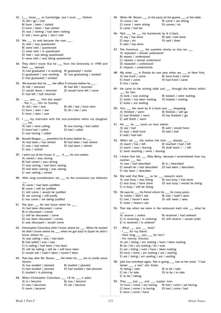 121
32. I___ never___ to Cambridge, but I once ___ Oxford.
A) did / go / visit
B) have / been / visited
C) have / been / had visited
D) was / visiting / had been visiting
E) will / have gone / don’t visit
33. We ___ to wait because the man ___ .
A) told / was questioned
B) were told / questioned
C) were told / is questioned
D) told / was being questioned
E) were told / was being questioned
34. They didn’t know that he ___ from the University in 1990 and
then ___ abroad.
A) had graduated / is working B) graduated / works
C) graduated / was working D) was graduating / worked
E) had graduated / worked
35. We learned that he ___ the office 5 minutes before he ___ .
A) left / returned B) had left / returned
C) would leave / returned D) would have left / came
E) had left / had returned
36. - ___ you ___ him this week?
- Yes, I ___ him on Sunday.
A) did / see / saw B) did / see / have seen
C) have / seen / see D) do / see / saw
E) have / seen / saw
37. I ___ my interview with the vice-president when my daughter
___ me.
A) had / were calling B) was having / had called
C) have had / called D) had / called
E) was having / called
38. Ronald Reagan ___ president for 8 years before he ___ .
A) had been / has retired B) had been / had retired
C) was / had retired D) had been / retired
E) was / retired
39. I went out of the house. It ___ . It ___ for two weeks.
A) rained / was raining
B) had rained / was raining
C) was raining / had been raining
D) had been raining / was raining
E) was raining / rained
40. After long consideration we ___ to the conclusion our behavior
___ .
A) came / had been justified
B) came / will be justified
C) will come / would be justified
D) are coming / will justify
E) has come / are being justified
41. The plan ___ for two hours when he ___ .
A) had been discussed / came
B) is discussed / comes
C) will be discussed / come
D) has been discussed / comes
E) was discussed / would come
42. Christopher Columbus didn’t know where he ___. When he landed
he didn’t know where he ___ when he got back to Spain he didn’t
know where he ___.
A) was sailing / was / had been
B) had sailed / was / was
C) is sailing / had been / has been
D) will be sailing / will be / will have been
E) would sail / hadn’t been / haven’t been
43. That day after Mr. Brown ___ the letter he ___ me to clarify some
details.
A) has studied / phoned B) studied / phoned
C) had studied / phoned D) had studied / had phoned
E) studied / is phoning
44. When Christopher Columbus ___ 14 he ___ a sailor.
A) is / became B) was / became
C) was / becomes D) are / become
E) were / became
45. When Mr. Brown ___ to the party all the guests ___ at the table.
A) come / sat B) came / are sitting
C) came / were sitting D) comes / sit
E) came / had sat
46. Nick ___ he ___ his homework by 4 o’clock.
A) say / has done B) said / had done
C) says / do D) said / does
E) said / has done
47. The American ___ the question slowly so that we ___
A) repeated / should understand
B) repeat / understood
C) repeats / would understand
D) repeated / understand
E) repeats / understands
48. My sister ___ in Florida for one year when we ___ to New York.
A) has lived / came B) have lived / come
C) lived / come D) had lived / came
E) live / came
49. He came to the writing table and ___ through the letters which
___ for him.
A) look / was waiting B) looked / were waiting
C) looks / has been waiting D) looked / waiting
E) looks / are waiting
50. Ann ___ her work by 4 o’clock and ___ shopping.
A) finished / went B) finishes / will go
C) had finished / went D) has finished / go
E) will finish / went
51. He ___ he ___ lunch an hour before.
A) say / had B) said / would have
C) says / shall have D) said / had
E) said / had had
52. When we ___ the station the train ___ already ___ .
A) reach / has / left B) reached / had / left
C) reach / was / leaving D) shall reach / - / left
E) were reaching / were / leaving
53. I knew that she ___ Miss Betsy, because I remembered how my
mother ___ her.
A) was / had described B) is / described
C) would be / had described D) had been / described
E) has been / describes
54. She said that Bob ___ as he ___ research work.
A) was busy / was doing B) was busy / had done
C) was busy / have done D) was busy / would be doing
E) is busy / will be doing
55. He says he ___ his friend whom he ___ for many years.
A) meets / didn’t see B) met / hadn’t seen
C) met / haven’t seen D) will meet / sees
E) meet / doesn’t see
56. That day when we were in the restaurant each one ___ what he
___ .
A) receive / orders B) received / had ordered
C) is receiving / is ordering D) will receive / would order
E) is received / is ordered
57. - What ___ you ___ here?
- I ___ for my friend.
- How long ___ you ___ for him?
- For twenty minutes.
A) are / doing / am waiting / have / been waiting
B) do / do / am waiting / do / wait
C) are / doing / wait / have / been waiting
D) have / done / am waiting / are / waiting
E) are / doing / am waiting / are / waiting
58. Julia has overslept again. She is going ___ late to her work. “I had
better ___ a taxi” she thinks.
A) being / take B) to be / take
C) be / to take D) to be / to take
E) to be / taking
59. They ___ just ___ and ___ supper now.
A) have / come / are having B) had / come / are having
C) have / come / is having D) had / come / had
E) have / come / have
Mixed Tenses
Book 1 Part C
 