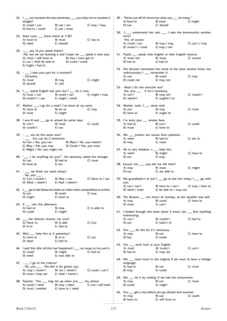 125
32. I ___ not translate this text yesterday. ___ you help me to translate it
tonight?
A) could / can B) can / can C) may / may
D) had to / could E) can / must
33. Does Larry ___ leave home at 7.30?
A) have to B) must C) has to
D) need E) should
34. -___ any of you speak Italian?
-No, but we are learning it and I hope we ___ speak it next year.
A) must / will have to B) may / have got to
C) can / shall be able to D) could / could
E) might / had to
35. - ___ I take your pen for a moment?
- Certainly.
A) must B) may C) might
D) should E) will
36. I ___ speak English last year but I ___ do it now.
A) must / can B) could / can C) might / may
D) couldn’t / can E) might / could
37. Mother, ___ I go for a walk? I’ve done all my work.
A) have to B) am to C) may
D) must E) might
38. I was ill and ___ go to school for some days.
A) can’t B) must C) could
D) couldn’t E) can
39. - ___ we do this work now?
- ___ . You can do it tomorrow.
A) Can / Yes, you can B) Must / No, you needn’t
C) May / Yes, you may D) Could / Yes, you must
E) Might / No, you might not
40. “___ I do anything for you?”, the secretary asked the stranger.
A) can B) had to C) must
D) have to E) am
41. - ___ we finish our work today?
- No, you ___ .
A) Can / couldn’t B) May / can C) Have to / can
D) Must / needn’t E) Had / needn’t
42. I ___ go to the library for books as I often write compositions at school.
A) can B) could C) may
D) might E) have to
43. It ___ rain this afternoon.
A) had to B) may C) is able to
D) could E) might
44. ___ the director receive me now?
A) Have to B) Is able C) Can
D) Is to E) Has to
45. Who ___ help him at 2 yesterday?
A) have to B) is to C) can
D) need E) had to
46. I said that after all that had happened I ___ run away to my aunt’s.
A) could B) might C) had to
D) need E) was able to
47. - ___ I go to the cinema?
- No, you ___ . The film is for grown ups.
A) may / mustn’t B) can / needn’t C) could / can’t
D) must / may not E) shall / haven’t
48. Teacher: “You ___ ring me up when you ___ my advice.
A) could / need B) may / need C) can / will need
D) must / needed E) have to / need
49. “Never put off till tomorrow what you ___ do today.”
A) have to B) must C) might
D) can E) should
50. -I ___ understand the rule; ___ I take the examination another
time?
-Yes, of course.
A) could / can B) may / may C) can’t / may
D) mustn’t / must E) may / can
51. Pupils ___ speak only English at their English lessons.
A) must not B) must C) cannot
D) has to E) had to
52. The lecturer mentioned the name of the town several times, but
unfortunately I ___ remember it.
A) can B) could C) may
D) could not E) may not
53. -Must I do this exercise too?
-No, you ___ . It isn’t necessary.
A) can’t B) may not C) mustn’t
D) needn’t E) oughtn’t to
54. Mother, look, I ___ skate well.
A) can B) may C) must
D) have to E) ought to
55. I’m sorry you ___ smoke here.
A) had to B) can’t C) could
D) must E) have to
56. We ___ protect our nature from pollution.
A) need B) had to C) are to
D) may E) must
57. He is very helpless, I ___ help him.
A) need B) might C) have to
D) can E) may
58. Excuse me, ___ you tell me the time?
A) may B) must C) might
D) can E) are able to
59. My grandfather’s ill and I ___ go to see him today, I ___ go with
you.
A) can / can’t B) have to / can’t C) may / have to
D) need / must E) be able to / may not
60. The Browns ___ not return on Sunday, as the weather was bad.
A) may B) could C) have to
D) must E) can’t
61. I looked through this book about 2 hours, but ___ find anything
interesting.
A) can’t B) couldn’t C) had to
D) can E) hadn’t to
62. You ___ do this for it’s necessary.
A) may B) can C) have to
D) has E) could
63. You ___ work hard at your English.
A) must B) mustn’t C) can’t
D) has to E) may not
64. We ___ read much in the original if we want to learn a foreign
language.
A) had to B) can C) must
D) may E) could
65. We ___ do it by midday if we had the instruments.
A) may B) can C) must
D) could E) might
66. You ___ get a visa before you go abroad next summer.
A) may B) can C) could
D) have to E) will have to
Modals
Book 1 Part C
 