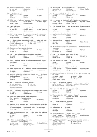 127
103. That’s a question nobody ___ answer.
A) must not B) were to C) cannot
D) might E) can
104. ___ God be with you.
A) can B) must C) may
D) had to E) is to
105. A fool man ___ ask more questions than a wise man ___ answer.
A) may / can B) can / must C) may / might
D) can / might E) must / could.
106. “Does Jack shave?”
“No, he’s got a beard so he ___ shave.”
A) hasn’t to B) hasn’t got to C) don’t have to
D) can’t E) will be able to
107. Don’t worry. You ___ do it just now. You ___ do it tomorrow.
A) must / can B) should / may C) can / could
D) had to / must E) needn’t / can
108. I ___ speak English well now but I hope I ___ speak next year.
A) could / can B) can’t / shall be able to
C) must / shall have to D) may / may
E) am able to / shall have to
109. The driver ___ have taken a side road.
A) shall B) need C) may
D) have to E) is to
110. He ___ have replaced the tire, it was still quite good.
A) could B) can C) needn’t
D) had to E) should
111. How ___ I tell her that her life will be ruined from this day on? I
think, I can’t.
A) must B) need C) may
D) shall E) can
112. It was so warm that we ___ wear our coats. It was very pleasant.
A) couldn’t B) didn’t have to C) shouldn’t
D) mightn’t E) mustn’t
113. They will get hungry on the train; I think, you ___ give them
some sandwiches.
A) should B) could C) might
D) had to E) needn’t
114. You ___ a raincoat. You are wet through.
A) must have worn B) may wear
C) should have worn D) could wear
E) needn’t have worn
115. “You ___ choose any present you like, take it, please”, said mother.
A) might B) could C) may
D) have to E) are able to
116. -Have you looked through these newspapers?
-No, I haven’t. I ___ write an article.
A) has to B) had to C) mustn’t
D) can E) might
117. We didn’t go out last night. We ___ to the cinema but we decided
to stay at home.
A) could have gone B) must have gone C) should go
D) are to go E) needn’t go
118. I was at home yesterday. You ___ have called and taken the
dictionary.
A) must B) may C) could
D) can E) had to
119. - When I was a child I ___ draw well.
- And now? ___ you do it now?
A) must / may B) could / can C) should / need
D) may / could E) ought to / can’t
120. That day as I ___ to be there at 5 sharp, I ___ to take a taxi.
A) am / had to B) is / may C) was / had to
D) were / can E) were / had to
121. You ___ read this book: you are grown up.
A) may B) might C) has to
D) can’t E) may not
122. I ___ come to see you tonight as I ___ answer many questions.
A) can / may B) can’t / have to C) can’t / can not
D) must / had to E) may / may not
123. Last night the plane ___ land because of the sudden change of
the wind.
A) must B) may C) has to
D) had to E) can
124. ___ he speak French as English last year?
A) can B) may C) had to
D) can’t E) could
125. She said that he ___ take her dictionary.
A) may B) can C) is allowed
D) is able E) might
126. As my sister was taking an examination I ___ look after her baby
yesterday.
A) could B) had to C) must
D) was able to E) should
127. “He ___ in the house now,” thinks the girl.
A) could B) may be C) might be
D) had to be E) will be
128. Your brother is ill, so he ___ go out for a walk.
A) can B) could C) may
D) might E) must not
129. It ___ rain today, we ___ see clouds in the sky.
A) has to / can B) must / have to C) could / can’t
D) may / can E) might / must
130. Charles Dickens ___ go to school at an early age, as he ___ help
his family.
A) should / would B) couldn’t / had to
C) must / couldn’t D) might / should
E) had not to / would
131. They ___ tell the truth, but they ___ .
A) had to / can’t B) have to / couldn’t C) must / can’t
D) are to / couldn’t E) may /had to
132. I have very little time and I ___ take a taxi.
A) may B) could C) should
D) have to E) have
133. You ___ this. Why didn’t you use a chance?
A) can do B) could have done C) must do
D) may do E) need do
134. I ___ send him a letter yesterday.
A) am B) can C) may
D) had to E) should
135. She told him he ___ go home.
A) may B) can C) ought
D) might E) have to
136. No matter how she ___ try the door ___ open.
A) can / should B) could / must C) should / will
D) might / wouldn’t E) must / ought to
137. ___ I take your book ? I ___ write many exercises tomorrow.
A) must / must B) should / have to
C) may / shall have to D) might / had to
E) can / would
Modals
Book 1 Part C
 