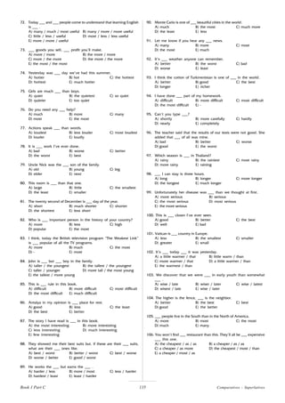 135
72. Today ___ and ___ people come to understand that learning English
is ___ .
A) many / much / most useful B) many / more / more useful
C) little / less / useful D) most / less / less useful
E) more / more / useful
73. ___ goods you sell, ___ profit you’ll make.
A) more / more B) the more / more
C) more / the more D) the more / the more
E) the most / the most
74. Yesterday was ___ day we’ve had this summer.
A) hotter B) hot C) the hottest
D) hottest E) much hotter
75. Girls are much ___ than boys.
A) quiet B) the quietest C) so quiet
D) quieter E) too quiet
76. Do you need any ___ help?
A) much B) more C) many
D) most E) the most
77. Actions speak ___ than words.
A) loudest B) less louder C) most loudest
D) louder E) loudly
78. It is ___ work I’ve ever done.
A) bad B) worse C) better
D) the worst E) best
79. Uncle Nick was the ___ son of the family.
A) old B) young C) big
D) elder E) next
80. This room is ___ than that one.
A) large B) little C) the smallest
D) the least E) smaller
81. The twenty second of December is ___ day of the year.
A) short B) much shorter C) shorter
D) the shortest E) less short
82. Who is ___ important person in the history of your country?
A) more B) less C) high
D) popular E) the most
83. I think, today the British television program “The Weakest Link”
is ___ popular of all the TV programs.
A) more B) much C) the most
D) - E) most
84. John is ___ but ___ boy in the family.
A) taller / the youngest B) the tallest / the youngest
C) taller / younger D) more tall / the most young
E) the tallest / more young
85. This is ___ rule in this book.
A) difficult B) more difficult C) most difficult
D) the most difficult E) much difficult
86. Antalya in my opinion is ___ place for rest.
A) good B) less C) the least
D) the best E) better
87. The story I have read is ___ in this book.
A) the most interesting B) more interesting
C) less interesting D) much interesting
E) few interesting
88. They showed me their best suits but, if these are their ___ suits,
what are their ___ ones like.
A) best / worst B) better / worst C) best / worse
D) worse / better E) good / worst
89. He works the ___ but earns the ___ .
A) harder / less B) more / most C) less / harder
D) hardest / least E) least / harder
90. Monte Carlo is one of ___ beautiful cities in the world.
A) much B) the most C) much more
D) the least E) less
91. Let me know if you hear any ___ news.
A) many B) more C) most
D) the most E) much
92. It’s ___ weather anyone can remember.
A) better B) the worst C) bad
D) worse E) least
93. I think the cotton of Turkmenistan is one of ___ in the world.
A) better B) good C) the best
D) longer E) richer
94. I have done ___ part of my homework.
A) difficult B) more difficult C) most difficult
D) the most difficult E) -
95. Can’t you type ___?
A) shortly B) more carefully C) hardly
D) nearly E) completely
96. The teacher said that the results of our tests were not good. She
added that ___ of all was mine.
A) bad B) better C) worse
D) good E) the worst
97. Which season is ___ in Thailand?
A) rainy B) the rainiest C) most rainy
D) more rainy E) raining
98. ___ I can stay is three hours.
A) long B) longer C) more longer
D) the longest E) much longer
99. Unfortunately her disease was ___ than we thought at first.
A) more serious B) serious
C) the most serious D) most serious
E) the more serious
100. This is ___ clown I’ve ever seen.
A) good B) better C) the best
D) well E) bad
101. Vatican is ___ country in Europe.
A) less B) the smallest C) smaller
D) greater E) small
102. It’s ___ today ___ it was yesterday.
A) a little warmer / that B) little warm / than
C) more warmer / that D) a little warmer / than
E) the warmest / than
103. We discover that we were ___ in early youth than somewhat
___ .
A) wise / late B) wiser / later C) wise / latest
D) wisest / late E) wise / later
104. The higher is the fence, ___ is the neighbor.
A) better B) the best C) best
D) good E) the better
105. ___ people live in the South than in the North of America.
A) more B) most C) the most
D) much E) many
106. You won’t find ___ restaurant than this. They’ll all be ___ expensive
___ this one.
A) the cheapest / as / as B) a cheaper / as / as
C) a cheaper / as more D) the cheapest / most / than
E) a cheaper / most / as
Comparatives - Superlatives
Book 1 Part C
 