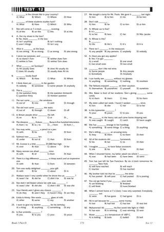 173
TEST 12
1. ________ is the climate like in your country?
A) What B) Which C) Where D) How
2. ________ of these students studies hard?
A) What B) How C) Which D) Who
3. She will come at 7 o’clock ________ evening.
A) of this B) on this C) this D) at this
4. A: Are my shoes in the box?
B: No, there ________ in the box.
A) isn’t anything B) isn’t nothing
C) aren’t things D) isn’t any
5. Alice is ________ as the boys.
A) too strong B) so strong C) as strong D) also strong
6. I never eat potatoes, and ________.
A) so doesn’t Tom B) neither does Tom
C) neither is Tom D) neither Tom does
7. What ________ on Sundays?
A) Ali usually does B) does Ali usually do
C) does Ali usually D) usually does Ali do
8. ________ lovely food!
A) Which B) How C) What D) Where
9. I think there are ________ in the garden.
A) nobody B) someone C) some people D) anybody
10. This is ________.
A) the question thirty B) the question thirteenth
C) question thirty D) thirteen question
11. The sun came ________ the windows.
A) out of B) into C) with D) through
12. The old man came ________ the stairs.
A) out of B) through C) down D) off
13. In Britain people drive ________ the left.
A) on B) in C) at D) _
14. The distance ______ Ankara ______ Bursa is five hundred kilometers.
A) from / to B) to / to C) _ / from D) from / _
15. You may write ________ a pencil or a pen.
A) with B) for C) in D) from
16. Subtract two ________ ten.
A) under B) out of C) than D) from
17. Mt. Everest is a little ________ 29,000 feet high.
A) over B) than C) above D) for
18. Many women are afraid ________ mice.
A) with B) of C) from D) than
19. There is a big difference ________ a cheap watch and an expensive
one.
A) with B) than C) from D) between
20. Tom was really delighted ________ your gift.
A) with B) for C) about D) in
21. Wallace wasn’t very careful when he drove the car, ________ ?
A) wasn’t he B) did he C) didn’t he D) was he
22. She didn’t tell Robert where her wife was, ________ ?
A) wasn’t she B) did she C) didn’t she D) was she
23. Your friends aren’t given any chance, ________ ?
A) do they B) aren’t they C) haven’t they D) are they
24. Linda is thirsty. She wants ________ glass of milk.
A) other B) some C) any D) another
25. I want to give my brother ________ for his birthday.
A) a thing B) anything C) something D) any
26. Is that umbrella ________ ?
A) you B) to you C) your D) yours
27. We bought a lamp for Mr. Pools. We gave it ________ last night.
A) him B) to him C) his D) for him
28. Don’t talk ________ .
A) him B) he C) to him D) at him
29. A: Whose car is that?
B: It’s ________ .
A) to her B) hers C) her D) Mrs. Jacobs
30. A: Whose is this?
B: ________ .
A) His B) He’s C) It’s D) It is
31. There isn’t ________ in the restaurant.
A) any people B) any persons C) anybody D) nobody
32. A: Have you got any apples?
B: Yes, I’ve got ________ .
A) a small B) one small
C) two small ones D) two small
33. ________ don’t like red wine.
A) Some people B) Any people
C) Somebody D) Anybody
34. I can hardly see ________ without my glasses.
A) anything B) something C) nothing D) nowhere
35. The Nelsons enjoyed ________ on their vacation.
A) themselves B) yourselves C) yourself D) ourselves
36. Mrs. Baker is fond of her students. She’s giving ________ some
candy.
A) to them B) them C) they D) for them
37. My sister called last week. I haven’t spoken ________ since.
A) him B) she C) her D) to her
38. Is this typewriter ________ ?
A) your B) yours C) to you D) you
39. He ________ in the heavy rain and came home dripping wet.
A) was caught B) caught C) catch D) have caught
40. She has ________ strange in her handbag.
A) something B) some things C) a thing D) anything
41. She’s telling ________ an amusing story.
A) they B) them C) to them D) their
42. All of the students did ________ homework.
A) his B) her C) its D) their
43. I imagine ________ to have Italian ancestors.
A) she B) his C) her D) their
44. When I returned home, my father asked me where I ________ .
A) was B) had been C) have been D) went
45. Tom has just left for San Francisco. By six o’clock tomorrow he
________ New York.
A) will have reached B) will reach
C) reaches D) has reached
46. My brother told me that he ________ the letter.
A) has posted B) will post C) had posted D) is posting
47. You can go home if you ________ your work.
A) are finishing B) finished
C) will finish D) have finished
48. When I arrived home at 7 o’clock, I was very surprised. Everybody
________ out.
A) were B) has gone C) had gone D) is
49. He is sad because he ________ some money.
A) lost B) had lost C) has lost D) was lost
50. Mohammed Ali ________ his first world title fight in 1960.
A) has won B) is winning C) was winning D) won
51. Water ________ at a temperature of 1000
C.
A) is boiling B) boils C) boiled D) boil
Test 12
Book 1 Part D
 