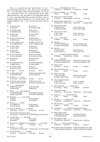 200
“Peter __51__ back from the shop,” said Mr. James. “He __52__
some new football boots, but he __53__ find any that were right for
him.” “__54__ the same?” I asked. “He said they showed __55__ but he
__56__ any of them.” “What __57__ do about his boots, then?” I asked.
“Well, the shop told __58__ next week. It’s not a big problem because
he __59__ to have them before the new school term. But he __60__ to
arrange his things early. For example, he __61__ late for school.” “My
daughter is different,” I said. “I __62__ throw her out when it’s time for
school.”
51. A) has just come B) came just
C) just went D) was just arriving
52. A) wanted buying B) like to buy
C) had liked to buy D) wanted to buy
53. A) didn’t able B) wasn’t able to
C) couldn’t to D) mustn’t
54. A) Have all of them been B) Were all they
C) Were they all D) Have they all been
55. A) to him different pairs B) different pairs for him
C) him different pairs D) for him different pairs
56. A) wasn’t liking B) didn’t like
C) hasn’t liked D) hadn’t liked
57. A) Peter will B) will Peter to
C) is Peter going D) is Peter going to
58. A) him to come back B) to him come back
C) him coming back D) he could come back
59. A) needs not B) doesn’t need
C) mustn’t D) may not
60. A) is beginning always B) is always beginning
C) begins always D) always begins
61. A) is never coming B) never is
C) has never been D) comes never
62. A) need B) may C) have to D) can
63. A) What age has she? B) How many years she has?
C) How old is she? D) How old she is?
64. Fred eats ________ bread.
A) too many B) so much C) fewer D) any
65. A) Of what cups are made? B) Of what are cups?
C) What cups are made of? D) What are cups made of?
66. ________ are very good.
A) Both those boys B) The both boys
C) Both of they D) Both they
67. Where ________ at the weekend?
A) usually Mary goes B) does Mary usually go
C) goes usually Mary D) do Mary usually goes
68. There isn’t ________ at the station.
A) people B) some persons
C) anyone D) somebody
69. Cars are ________ lorries.
A) as different to B) not same as
C) not as same as D) different from
70. Mary has answered ________ questions.
A) the more B) any C) very much D) a few
71. John will mend the window when ________ .
A) he comes B) does he can C) is he coming D) he will come
72. I haven’t seen ________ this week.
A) much people B) no people
C) someone D) anybody
73. Next year we are going to stay in Scotland ________ two weeks.
A) on B) for C) through D) in
74. Pat isn’t ________ Val.
A) so heavy as B) heavy than C) heavier than D) so heavy than
75. They have visited ________ countries.
A) a lot of B) so much C) the both D) every
76. ________ those books do you want?
A) What are B) Which of C) Which are D) What
77. Mary was waiting ________ bus stop.
A) for a B) at the C) by D) the
78. Have you ever been to Ireland?
A) Not yet. B) Not already. C) Not ever. D) Not still.
79. Shall I get some apples? Yes, ________ red ones.
A) bring some B) take a few C) take any D) bring a little
80. John never eats meat.
A) That does Tom. B) Tom doesn’t too.
C) Neither does Tom. D) Tom does neither.
81. Do you want a drink?
A) Yes, I want. B) Yes, I do want.
C) No, I don’t. D) No, I don’t want.
82. ________ clever idea!
A) What a B) What C) So D) How
83. Mary got ________ .
A) for her birthday a pen. B) at her birthday a pen.
C) a pen for her birthday. D) a pen at her birthday.
84. Ask him ________ .
A) how old he is. B) how old is he.
C) how old has he D) how old he has
85. ________ we didn’t visit John in hospital.
A) Already B) Sometimes C) Never D) Always
86. ________ to get rich.
A) Not every young man try B) Not every young man tries
C) No every young men try D) No every young man tries
87. Whose is this?
A) There’s. B) There. C) Their. D) Theirs.
88. Who went to Paris? John ________ .
A) has B) did C) does D) was
89. Where’s the dog?
A) It’s on the table. B) There’s on the table.
C) There’s under a table. D) It’s under a table.
90. Are you going to school?
A) No, I don’t. B) No, I’m cycling.
C) No, to the shops. D) No, to shops.
91. Next month Jane ________ twenty three.
A) is having B) has C) shall be D) will be
92. How’s John’s sister?
A) She’s fine. B) That’s she. C) This is her. D) She’s good.
93. Have you ________ the cups with tea?
A) felt B) feel C) filled D) full
94. Did John ________ to drive a car?
A) teach you B) taught you C) learn you D) learnt you
95. Why have you ________ to me?
A) gone B) come C) came D) went
96. Last Sunday ________ thousands of people at the beach.
A) it was B) they were C) there was D) there were
97. What’s today’s date?
A) Of January the second. B) Of January second.
C) The January second. D) January the second.
98. My daughter is older ________ .
A) that his one B) than his C) than his one D) that his
99. She ________ her hat and left the room.
A) takes on B) took on C) puts on D) put on
100. A) Was the big car expensive? B) Was the expensive car a big?
C) Was expensive the big car? D) Was the expensive a big car?
Book 1 Part E Elementary test 5
 