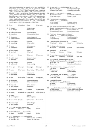 41
I went to a school reunion last week. I __(13)__ very surprised. So
many things __(14)__. They __(15)__ the old gymnasium, and the
library __(16)__. I __(17)__ slowly round the school. Everything
__(18)__ much smaller, although they __(19)__ some impressive new
buildings. I __(20)__ lots of my old schools friends, too, and they
__(21)__ the same either. Some of them __(22)__ to London, and
the most of them __(23)__ married. I __(24)__ to the headmaster for
a while. He __(25)__. He __(26)__ that he __(27)__ every boy who
__(28)__ the school since he __(29)__ working there in 1978. But
when I asked him what my name was, he __(30)__ confess that he
__(31)__ which __(32)__ me realize that I __(33)__ too!
13. A) am B) have been C) was D) had been
14. A) changed B) had changed
C) has changed D) has change
15. A) had knocked down B) knocked down
C) knock down D) have knocked down
16. A) disappeared B) was disappeared
C) had disappeared D) have been disappeared
17. A) have walked B) walked
C) was walking D) had walked
18. A) seems B) have seemed
C) had seemed D) seemed
19. A) were building B) built
C) have built D) had built
20. A) met B) meet C) had met D) have meet
21. A) hadn’t stayed B) weren’t stayed
C) didn’t stay D) not stayed
22. A) have moved B) moved
C) had moved D) was moving
23. A) are get B) had got C) were got D) have got
24. A) talked B) had talked C) was talking D) have talked
25. A) haven’t left B) had not left
C) didn’t leave D) hadn’t leave
26. A) said B) was saying C) had said D) have said
27. A) remembers B) have remembered
C) remembered D) had remembered
28. A) attended B) had attended
C) have attended D) attending
29. A) had started B) starts C) started D) have started
30. A) had to B) have had to C) had had to D) was having to
31. A) forget B) forgot
C) have forgotten D) had forgotten
32. A) have made B) made C) had made D) was made
33. A) was changed B) had changed
C) have changed D) changed
34. _____ I had had a bath I went to bed.
A) Before B) Soon as C) After D) Until
35. I had read the book _____ I saw the film.
A) when B) before C) until D) after
36. I ____ to sleep until I _____ my homework.
A) don’t go / did B) had not gone / had done
C) didn’t go / did D) didn’t go / had done
37. As soon as he _____ his driving test, he _____ a car.
A) passed / bought B) had passed / bought
C) passes / had bought D) passed / had bought
38. When I _____ the letter, I _____ it away.
A) read / had thrown B) had read / had thrown
C) had read / threw D) read / threw
39. “You can move in immediately.”
She told me I _____ immediately.
A) will move in B) would move in
C) can move in D) could move in
40. “The people who I looked after are very well.”
She said that the people who she _____ after _____ very well.
A) were looking / are B) have looked / are
C) would looked / were D) had looked / were
41. “You’ll have to make up your mind soon.”
She told me I _____ make up my mind soon.
A) had to B) will have had to
C) would have to D) could have to
42. I didn’t recognize him because he _____ a haircut.
A) had had B) has C) had D) have had
43. He always makes me _____.
A) to laugh B) laughing C) laugh D) be laughed
44. She refused _____ for the meal.
A) paying B) to pay C) pays D) the pay
45. I’ll never forget _____ him for the first time.
A) meet B) meeting C) to meet D) to met
46. “It’s a quite flat, and the neighbors are nice.”
“Mrs. Deon said it __a quite flat, and the neighbors __ nice.”
A) has been / are B) is / were
C) was / were D) had been / have been
47. “You look brown. Have you ____ on holiday?”
“Yes, we’ve _____ got back.”
A) been / now B) gone / just
C) been / just D) did / already
48. I live in a house now, but before I _____ in a flat.
A) am using to live B) used to live
C) had used to live D) have used to live
49. “I need £100 deposit.”
Then she said she _____ £100 deposit.
A) needs B) had needed
C) needed D) have needed
50. I _____ the book back to the library after I _____ reading it.
A) take / finished B) have taken / have finished
C) took / had finished D) had taken / finished
Book 1 Part A Pre-Intermediate Test 14
 