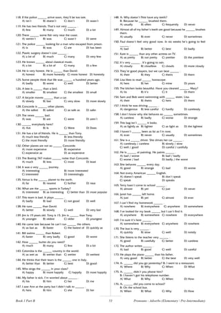 53
118. If the police ______ arrive soon, they’ll be too late.
A) isn’t B) doesn’t C) don’t D) wasn’t
119. He has two friends. That’s not very ______ .
A) few B) many C) much D) a lot
120. There ______ some fish very near the coast.
A) weren’t B) was C) wasn’t D) were
121. The police ______ looking for a man who escaped from prison.
A) is B) was C) are D) has been
122. Plastic surgery doesn’t cost ______ .
A) a lot of B) much C) many D) very few
123. He knows ______ about classical music.
A) a lot B) a lot of C) many D) a few
124. He is very honest. He is ______ than David.
A) honest B) more honestly C) more honest D) honestly
125. Some people think that life was ______ a hundred years ago.
A) badly B) worst C) well D) better
126. A bee is ______ than a bird.
A) smaller B) smallest C) the smallest D) small
127. A bicycle moves ______ than a car.
A) slowly B) fast C) very slow D) more slowly
128. Concorde is ______ other planes.
A) the safest B) safest C) as safe as D) safer
129. The news ______ bad.
A) was B) are C) were D) aren’t
130. ______ everybody here?
A) Are B) Is C) Were D) Does
131. He has a lot of friends. He is ______ than Tony.
A) much less friendly B) less friendly
C) the most friendly D) more friendly
132. Other planes are not so ______ Concorde.
A) more expensive B) expensive
C) expensive as D) as expensive
133. The Boeing 747 makes ______ noise than Concorde.
A) much B) less C) most D) least
134. It was a very ______ journey.
A) interesting B) more interested
C) interested D) interestingly
135. Venus is the ______ planet to the earth.
A) far B) nearest C) farther D) near
136. What are the ______ sports in Turkey?
A) interested B) as interesting C) better than D) most popular
137. This team is bad. It plays ______ .
A) badly B) bad C) not good D) well
138. He runs ______ than David.
A) better B) slowly C) well D) very fast
139. Jim is 19 years old. Tony is 15. Jim is ______ than Tony.
A) younger B) oldest C) older D) youngest
140. He came late because he can’t run ______ the others.
A) as fast as B) faster C) the fastest of D) quickly as
141. Bill swims ______ than Robert.
A) faster B) very badly C) good D) worst
142. How ______ butter do you need?
A) much B) many C) few D) a lot
143. Colombia is the ______ country in the world.
A) as wet as B) wetter than C) wetter D) wettest
144. He thinks that their team is the ______ one in Italy.
A) better than B) better C) best D) good
145. Who sings the ______ in your class?
A) happy B) more happily C) happily D) most happily
146. My father is sick. I’m worried about ______ .
A) his B) him C) her D) me
147. I saw Ann at the party but I didn’t talk to ______ .
A) hers B) him C) she D) her
148. A: Why doesn’t Pete have any teeth?
B: Because he ______ brushed them.
A) usually B) often C) frequently D) never
149. Almost all of my father’s teeth are good because he ______ brushes
them.
A) usually B) ever C) never D) sometimes
150. Paul doesn’t feel very good now. In six weeks he’s going to feel
______ .
A) bad B) better C) best D) badly
151. Kate is ______ than any other actress on TV.
A) as pretty B) not pretty C) prettier D) the prettiest
152. It’s very ______ . It’s going to rain.
A) cloudy B) cloudless C) clouds D) more cloudy
153. They’re good players, but we can beat ______ .
A) their B) they C) theirs D) them
154. Lisa likes to read ______ horoscope.
A) hers B) her C) mine D) yours
155. The kitchen looks beautiful. Have you cleaned ______, Mary?
A) its B) it’s C) it D) them
156. Sam and Bob went swimming with ______ sister, Lisa.
A) their B) theirs C) hers D) them
157. I think he was driving ______ .
A) dangerous B) less careful C) hardly D) carelessly
158. I don’t know why she behaves so ______ sometimes.
A) careless B) badly C) worse D) strange
159. This bag isn’t ______ it looks.
A) as lightly as B) lighter C) as light as D) the lightest
160. I haven’t ______ been as fat as I’m now.
A) ever B) never C) usually D) sometimes
161. She is a ______ driver. She drives her car ______ .
A) carelessly / careless B) slowly / slow
C) well / good D) careful / carefully
162. He is ______ at painting. He paints ______ .
A) bad / worse B) bad / badly
C) worse / bad D) badly / the worst
163. She behaves ______ every day.
A) good B) strange C) bad D) worse
164. Not every American ______ English.
A) doesn’t speak B) don’t speak
C) speak D) speaks
165. Terry hasn’t come to school ______ .
A) almost B) yet C) just D) never
166. Janet has ______ left home.
A) just B) yet C) almost D) ever
167. I can’t find my homework ______ .
A) nowhere B) everywhere C) anywhere D) somewhere
168. I’ve looked for my book ______ but I can’t find it.
A) anywhere B) somewhere C) nowhere D) everywhere
169. I’m sure it’s here ______ .
A) somewhere B) everywhere C) anywhere D) nowhere
170. The bus is very ______ .
A) quickly B) slow C) well D) noisily
171. She listens to the teacher very ______ .
A) good B) carefully C) better D) careless
172. The author writes ______ .
A) bad B) good C) well D) careful
173. He plays the piano ______ than his father.
A) very good B) better C) the best D) very well
174. A: ______ did you go yesterday? B: I went to a restaurant.
A) Where B) Why C) When D) What
175. A: ______ didn’t you phone him?
B: I haven’t got his telephone number.
A) What B) Why C) When D) How
176. A: ______ did you come to school?
B: On the school bus.
A) When B) What C) Why D) How
Pronouns - Adverbs (Elementary  Pre-Intermediate)
Book 1 Part B
 