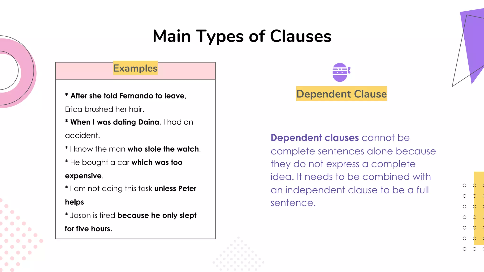 Main Types of Clauses
Dependent Clause
Dependent clauses cannot be
complete sentences alone because
they do not express a complete
idea. It needs to be combined with
an independent clause to be a full
sentence.
Examples
* After she told Fernando to leave,
Erica brushed her hair.
* When I was dating Daina, I had an
accident.
* I know the man who stole the watch.
* He bought a car which was too
expensive.
* I am not doing this task unless Peter
helps
* Jason is tired because he only slept
for five hours.
 