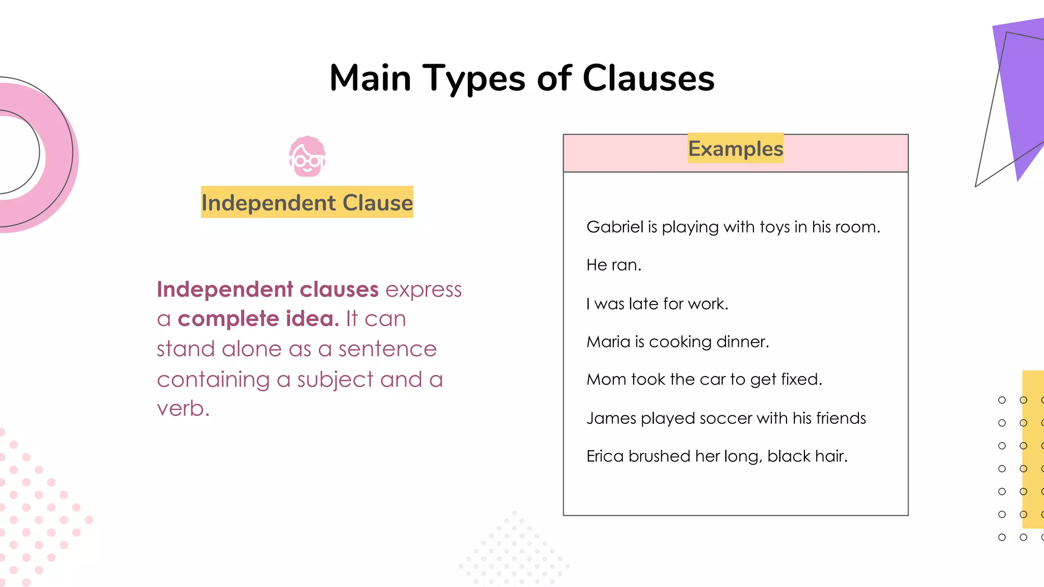 Main Types of Clauses
Independent Clause
Independent clauses express
a complete idea. It can
stand alone as a sentence
containing a subject and a
verb.
Gabriel is playing with toys in his room.
He ran.
I was late for work.
Maria is cooking dinner.
Mom took the car to get fixed.
James played soccer with his friends
Erica brushed her long, black hair.
Examples
 