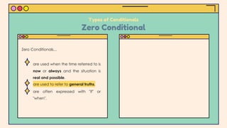● are used when the time referred to is
now or always and the situation is
real and possible.
● are used to refer to general truths.
● are often expressed with "if" or
"when".
Types of Conditionals
Zero Conditional
Zero Conditionals...
 