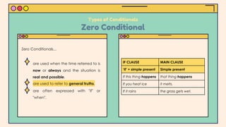 Types of Conditionals
Zero Conditional
IF CLAUSE MAIN CLAUSE
‘If’ + simple present Simple present
If this thing happens that thing happens
If you heat ice it melts.
If it rains the grass gets wet.
● are used when the time referred to is
now or always and the situation is
real and possible.
● are used to refer to general truths.
● are often expressed with "if" or
"when".
Zero Conditionals...
 