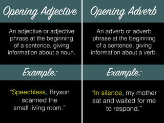 Opening Adjective
An adjective or adjective
phrase at the beginning
of a sentence, giving
information about a noun.
Example:
“Speechless, Bryson
scanned the
small living room.”
Opening Adverb
Example:
An adverb or adverb
phrase at the beginning
of a sentence, giving
information about a verb.
“In silence, my mother
sat and waited for me
to respond.”
 