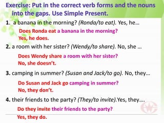 1. a banana in the morning? (Ronda/to eat). Yes, he…
2. a room with her sister? (Wendy/to share). No, she …
3. camping in summer? (Susan and Jack/to go). No, they…
4. their friends to the party? (They/to invite).Yes, they….
Does Ronda eat a banana in the morning?
Yes, he does.
Does Wendy share a room with her sister?
No, she doesn’t.
Do Susan and Jack go camping in summer?
No, they don’t.
Do they invite their friends to the party?
Yes, they do.
 