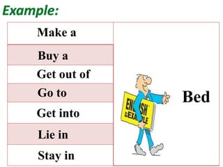 Bed
Make a
Buy a
Get out of
Go to
Get into
Lie in
Stay in
 