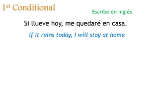 1st Conditional
Si llueve hoy, me quedaré en casa.
If it rains today, I will stay at home
Escribe en inglés
 