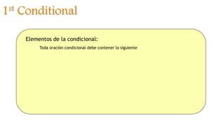 1st Conditional
Elementos de la condicional:
Toda oración condicional debe contener lo siguiente
 