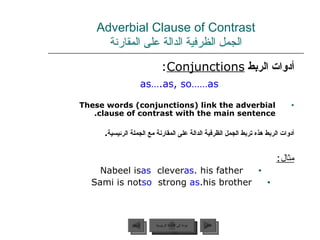 Adverbial Clause of Contrast الجمل الظرفية الدالة على المقارنة <ul><li>أدوات الربط  Conjunctions :  </li></ul><ul><li>as …...