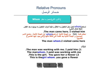 Relative Pronouns    ضمائر الوصل <ul><li>تستعمل  لتحل محل المفعول به العاقل و طبعاً نعرف المفعول به بوجوده بعد الفعل .  لا...