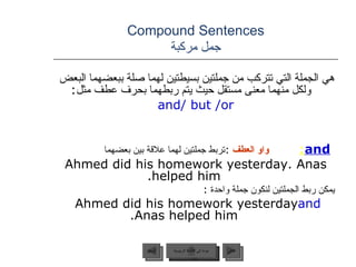 Compound Sentences جمل مركبة هي الجملة التي تتركب من جملتين بسيطتين لهما صلة ببعضهما البعض ولكل منهما معنى مستقل حيث يتم ربطهما بحرف عطف مثل :  and/ but /or and :   واو العطف   : تربط جملتين لهما علاقة بين بعضهما   Ahmed did his homework yesterday. Anas helped him. يمكن ربط الجملتين لنكون جملة واحدة  : Ahmed did his homework yesterday  and  Anas helped him. عودة إلى القائمة الرئيسية عودة إلى القائمة الرئيسية التالي السابق 