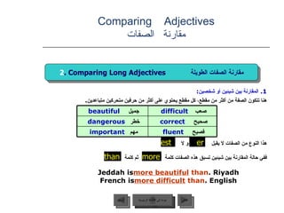 1.  المقارنة بين شيئين أو شخصين : هنا تتكون الصفة من أكثر من مقطع، كل مقطع يحتوي على أكثر من حرفين متحركين متباعدين .  هذا النوع من الصفات لا يقبل  و لا   . ففي حالة المقارنة بين شيئين تسبق هذه الصفات كلمة  ثم كلمة  Jeddah is  more beautiful   than  Riyadh. French is  more difficult  than  English. Comparing  Adjectives مقارنة   الصفات er est  2 . Comparing Long Adjectives  مقارنة الصفات الطويلة than more عودة إلى القائمة الرئيسية عودة إلى القائمة الرئيسية التالي السابق جميل   beautiful   صعب  difficult   خطر   dangerous   صحيح  correct   مهم   important   فصيح  fluent   
