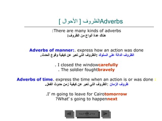 Adverbs الظروف  [   الأحوال   ]  There are many kinds of adverbs: هناك عدة أنواع من الظروف : Adverbs of manner:  express how an action was done. الظروف الدالة على السلوك   : الظروف التي تعبر عن كيفية وقوع الحدث .  I closed the window  carefully . The soldier fought  bravely . :  Adverbs of time  express the time when an action is or was done. ظروف الزمان   : الظروف التي تعبر عن كيفية زمن حدوث الفعل . I ’ m going to leave for Cairo  tomorrow . What ’ s going to happen  next ? عودة إلى القائمة الرئيسية عودة إلى القائمة الرئيسية التالي السابق 