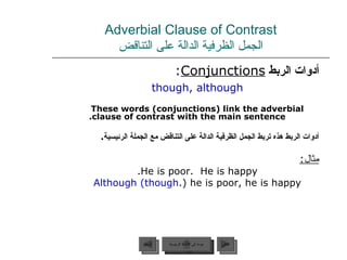 Adverbial Clause of Contrast الجمل الظرفية الدالة على التناقض أدوات الربط  Conjunctions :  though, although These words (conjunctions) link the adverbial clause of contrast with the main sentence. أدوات الربط هذه تربط الجمل الظرفية الدالة على التناقض مع الجملة الرئيسية .   مثال : He is poor.  He is happy. Although (though ) he is poor, he is happy. عودة إلى القائمة الرئيسية عودة إلى القائمة الرئيسية التالي السابق 