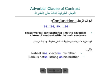 Adverbial Clause of Contrast الجمل الظرفية الدالة على المقارنة أدوات الربط  Conjunctions :  as … .as, so …… as These words (conjunctions) link the adverbial clause of contrast with the main sentence. أدوات الربط هذه تربط الجمل الظرفية الدالة على المقارنة مع الجملة الرئيسية .  مثال : Nabeel is  as  clever  as  his father. Sami is not  so  strong  as  his brother. عودة إلى القائمة الرئيسية عودة إلى القائمة الرئيسية التالي السابق 
