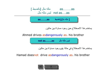 as……..as   مثله مثل  [ بالضبط  ]     not as….as  ليس مثله مثل   يستخدم هذا الاصطلاح حين وجود مساواة بين حالين . Ahmed drives  as  dangerously  as  his brother. يستخدم هذا الاصطلاح في حالة  عدم  وجود مساواة بين حالين . Hamad does  not  drive  as  dangerously  as  his brother. عودة إلى القائمة الرئيسية السابق as……..as  مثله مثل  [ بالضبط  ] not as……..as  ليس مثله مثل عودة إلى القائمة الرئيسية 