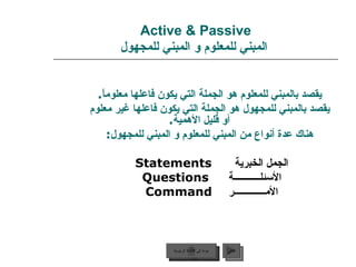 Active & Passive   المبني للمعلوم و المبني للمجهول يقصد بالمبني للمعلوم هو الجملة التي يكون فاعلها معلوماً . يقصد بالمبني للمجهول هو الجملة التي يكون فاعلها غير معلوم أو قليل الأهمية . هناك عدة أنواع من المبني للمعلوم و المبني للمجهول : الجمل الخبرية   Statements   الأسئلـــــــــــة   Questions   الأمـــــــــــــر   Command   عودة إلى القائمة الرئيسية التالي عودة إلى القائمة الرئيسية 