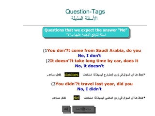 1)  You don ’ t come from Saudi Arabia, do you? No, I don ’ t . 2)  It doesn ’ t take long time by car, does it? No, it doesn ’ t . * لاحظ هنا أن السؤال في زمن المضارع البسيط لذا استخدمنا  كفعل مساعد . 3)  You didn ’ t travel last year, did you? No, I didn ’ t . * لاحظ هنا أن السؤال في زمن الماضي البسيط لذا استخدمنا  كفعل مساعد . Question-Tags   الأسئلة المذيلة عودة إلى القائمة الرئيسية السابق did do/does Questions that we expect the answer “No” أسئلة نتوقع الإجابة عليها بـ“لا“ عودة إلى القائمة الرئيسية 