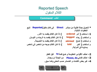 Reported Speech الكلام المنقول *  لتحويل جملة طلبية من مباشر  إلى كلام منقول  نتبع الخطوات التالية : 1-  نستخدم  (  أمر  )  إذا كان الكلام يقصد به الأمر . و نستخدم  (  رجاء  )  إذا كان الكلام يقصد به الرجاء و التوسل . و نستخدم  (  نصح  )  إذا كان الكلام يقصد به النصيحة . و نستخدم  (  أخبر  )  إذا كان الكلام موجه من شخص إلى شخص يساويه في المرتبة .  2-  احذف الأقواس المفتوحة و ضع كلمة  قبل الفعل 3-  احذف كلمتي  من الجملة إن وجدتا . 4-  غير بعض الكلمات و الضمائر حسب المعنى وكما سبق . I I Command   الطلب  Direct Reported ordered begged advised told to Please, do عودة إلى القائمة الرئيسية عودة إلى القائمة الرئيسية التالي السابق 
