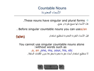 Countable Nouns    الأسماء المعدودة These nouns have singular and plural forms. هذه الأسماء لها صيغ مفردة و جمع . Before singular countable nouns you can use  a/an . قبل الأسماء المفردة المعدودة تستطيع استخدام You cannot use singular countable nouns alone without words such as:  a, an ,  one, my, your, his, etc . لا نستطيع استخدام أسماء مفردة معدودة بمفردها بدون الكلمات السابقة . عودة إلى القائمة الرئيسية السابق (a/an) عودة إلى القائمة الرئيسية التالي 
