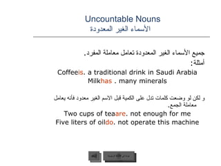 Uncountable Nouns    الأسماء الغير المعدودة جميع الأسماء الغير المعدودة تعامل معاملة المفرد . أمثلة : Coffee  is  a traditional drink in Saudi Arabia. Milk  has  many minerals.  و لكن لو وضعت كلمات تدل على الكمية قبل الاسم الغير معدود فأنه يعامل معاملة الجمع . Two cups of tea  are  not enough for me. Five liters of oil  do  not operate this machine. عودة إلى القائمة الرئيسية السابق عودة إلى القائمة الرئيسية 