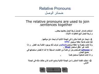 Relative Pronouns    ضمائر الوصل The relative pronouns are used to join sentences together . تستخدم ضمائر الوصل لربط الجمل بعضها ببعض . و لربط الجمل اتبع الخطوات الآتية : 1-  نبحث عن كلمة متكررة في الجملة الثانية ثم نبحث عن موقعها .  فإذا كانت فاعلاً عاقلاً نستعمل  وإذا كانت مفعولاً به عاقلاً نستعمل  و نعرف ذلك بوجود الكلمة بعد الفعل .  و إذا كانت غير عاقل نستعمل   that  . أما  whose   فتستخدم بدل أي كلمة من الكلمات السابقة إلا أننا لا نفضل استعمالها في جميع الجمل . و إذا كانت للملكية نستعمل كلمة  . 2-  احذف الكلمة المتكررة من الجملة الثانية وضع الاسم الذي حذفت مثله في الجملة الأولى . who which عودة إلى القائمة الرئيسية عودة إلى القائمة الرئيسية التالي السابق 