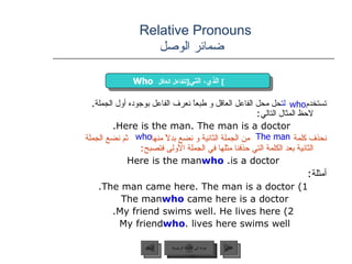 Relative Pronouns    ضمائر الوصل تستخدم  لت حل محل الفاعل العاقل و طبعاً نعرف الفاعل بوجوده أول الجملة .  لاحظ المثال التالي :  Here is the man. The man is a doctor. نحذف كلمة  من الجملة الثانية و نضع بدلاً منها  ثم نضع الجملة الثانية بعد الكلمة التي حذفنا مثلها في الجملة الأولى فتصبح : Here is the man  who   is a doctor. أمثلة : 1) The man came here. The man is a doctor. The man  who  came here is a doctor 2) My friend swims well. He lives here. My friend  who  lives here swims well. who Who   الذي، التي  [ للفاعل العاقل ]   The man who عودة إلى القائمة الرئيسية عودة إلى القائمة الرئيسية التالي السابق 