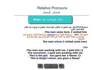 Relative Pronouns    ضمائر الوصل تستعمل  لتحل محل المفعول به العاقل و طبعاً نعرف المفعول به بوجوده بعد الفعل .  لاحظ المثال التالي :  The man came here. I visited him. نحذف كلمة  من الجملة الثانية  ثم نضع  أول الجملة الثانية،  ونضع الاسم الموصول و الجملة الثانية بعد الكلمة التي حذفنا مثلها  ( التي يعود إليها الضمير )  فتصبح : The man  whom  I visited came here. أمثلة : 1) The man was working with me. I paid him. The man  whom  I paid was working with me. 2) This is the girl.  You gave her a flower. This is the  girl whom  you gave a flower. whom Whom   الذي، التي  [ المفعول به العاقل ]   him whom عودة إلى القائمة الرئيسية عودة إلى القائمة الرئيسية التالي السابق 