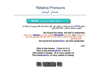 Relative Pronouns    ضمائر الوصل تستعمل   لتحل محل الفاعل أو المفعول الغير عاقل و طبعاً نعرف الفاعل بوجوده أول الجملة أما المفعول به فيوجد بعد الفعل .  لاحظ المثال التالي :  He found his book. He lost it yesterday. نرى أن كلمة  تعود على كلمة  فنحذفها و نضع بدلاً منها  في أول الجملة الثانية ثم نضع الاسم الموصول و الجملة الثانية بعد الكلمة التي حذفنا مثلها  ( التي يعود إليها الضمير )  فتصبح : He found his book  which  he lost yesterday. أمثلة : 1) This is the house.  I live in it. This is the house  which  I live in. 2) This book is cheap.  It is very useful.   This book  which  is very useful is cheap. which Which   الذي، التي  [ للجماد الفاعل أو المفعول به ]   him his book which عودة إلى القائمة الرئيسية عودة إلى القائمة الرئيسية التالي السابق 