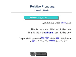 Relative Pronouns    ضمائر الوصل تستعمل  للملكية .  لاحظ المثال التالي :   This is the man.  His car hit the boy. This is the man  whose  car hit the boy. هنا نجد أن كلمة  مملوكة لـ  فنحذف ضمير الملكية و نضع بدلاً منه الاسم الموصول  ثم نضع بعدها كلمة  car  . عودة إلى القائمة الرئيسية السابق whose Whose   الذي، التي  [ للملكية ]   whose car   the man عودة إلى القائمة الرئيسية 