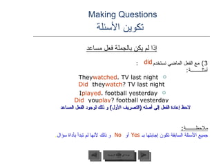 Making Questions    تكوين الأسئلة إذا لم يكن بالجملة فعل مساعد 3)  مع الفعل الماضي نستخدم  : أمثلـــــــــة : They  watched  TV last night. Did  they  watch  TV last night? I  played  football yesterday. Did  you  play  football yesterday? ملاحظــــــــة : جميع الأسئلة السابقة تكون إجابتها   بـ  أو   و ذلك لأنها لم تبدأ بأداة سؤال .  لاحظ إعادة الفعل إلى أصله  ( التصريف الأول )  و ذلك لوجود الفعل المساعد Yes No did عودة إلى القائمة الرئيسية عودة إلى القائمة الرئيسية التالي السابق 