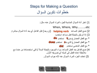 Steps for Making a Question    خطوات  تكوين السؤال 1)  اختر أداة السؤال المناسبة للجزء المراد السؤال عنه، مثل :  When, Where, Why ……… ..etc   2)  ضع الفعل المساعد  ( إن وجد )  قبل الفاعل أي بعد أداة السؤال مباشرة .  3)  إذا لم يكن بالجملة فعل مساعد استخدم :  *  مع الفعل المضارع بدون  نستخدم  *  مع الفعل المضارع الذي به  نستخدم *  مع الفعل الماضي نستخدم 4)  ضع الفاعل بعد الفعل المساعد سواء الموجود بالجملة أصلاً أوالتي استخدمناها من عندنا مع ملاحظة إعادة الفعل إلى أصله أي تصريفه الأول .  5)  احذف الجزء المراد السؤال عنه لأنه جواب السؤال . helping verb s do s does did عودة إلى القائمة الرئيسية عودة إلى القائمة الرئيسية التالي السابق 