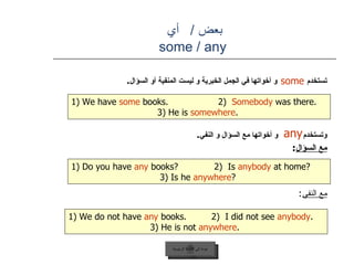 بعض   /  أي   some / any تستخدم  و أخواتها في الجمل الخبرية و ليست المنفية أو السؤال . وتستخدم  و أخواتها مع السؤال و النفي . مع السؤال : مع النفي : some   عودة إلى القائمة الرئيسية 1) We have  some  books.  2)  Somebody  was there. 3) He is  somewhere .  any 1) Do you have  any  books?  2)  Is  anybody  at home? 3) Is he  anywhere ?  1) We do not have  any  books.  2)  I did not see  anybody . 3) He is not  anywhere .  عودة إلى القائمة الرئيسية 